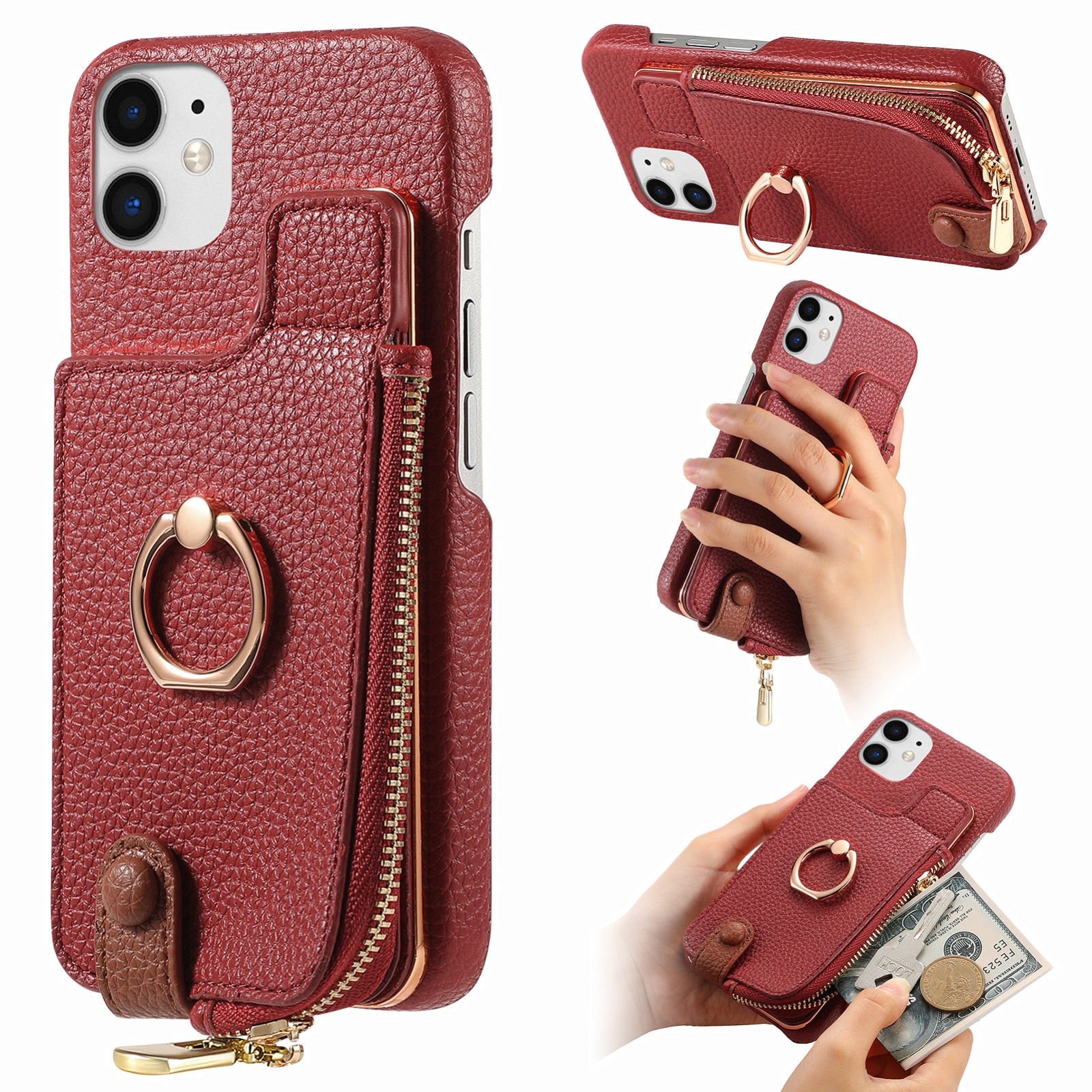 For iPhone 12 mini Litchi Leather Oil Edge Ring Zipper Wallet Back Phone Case(Red) - Shopkiz.com
