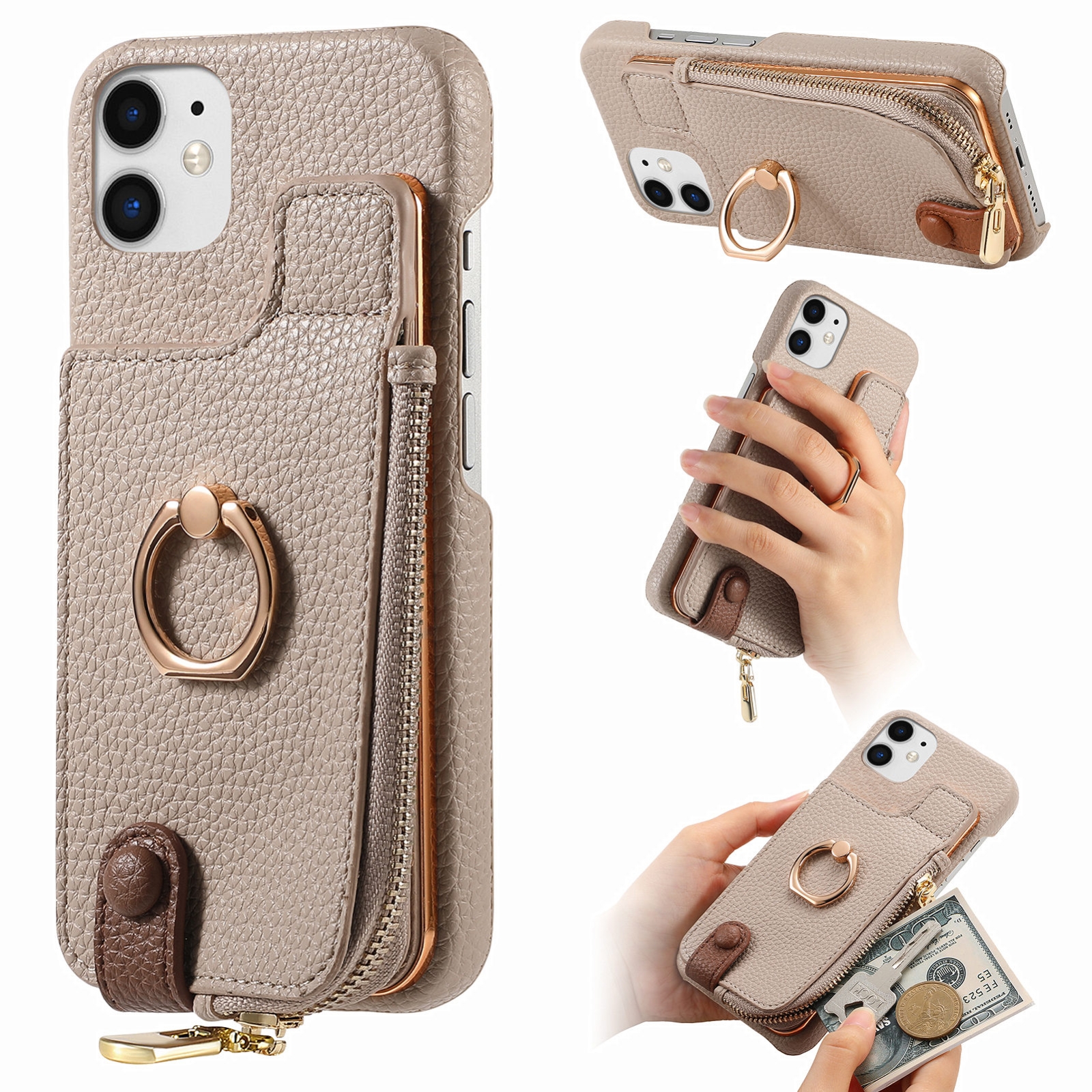 For iPhone 12 mini Litchi Leather Oil Edge Ring Zipper Wallet Back Phone Case(Khaki) - Shopkiz.com
