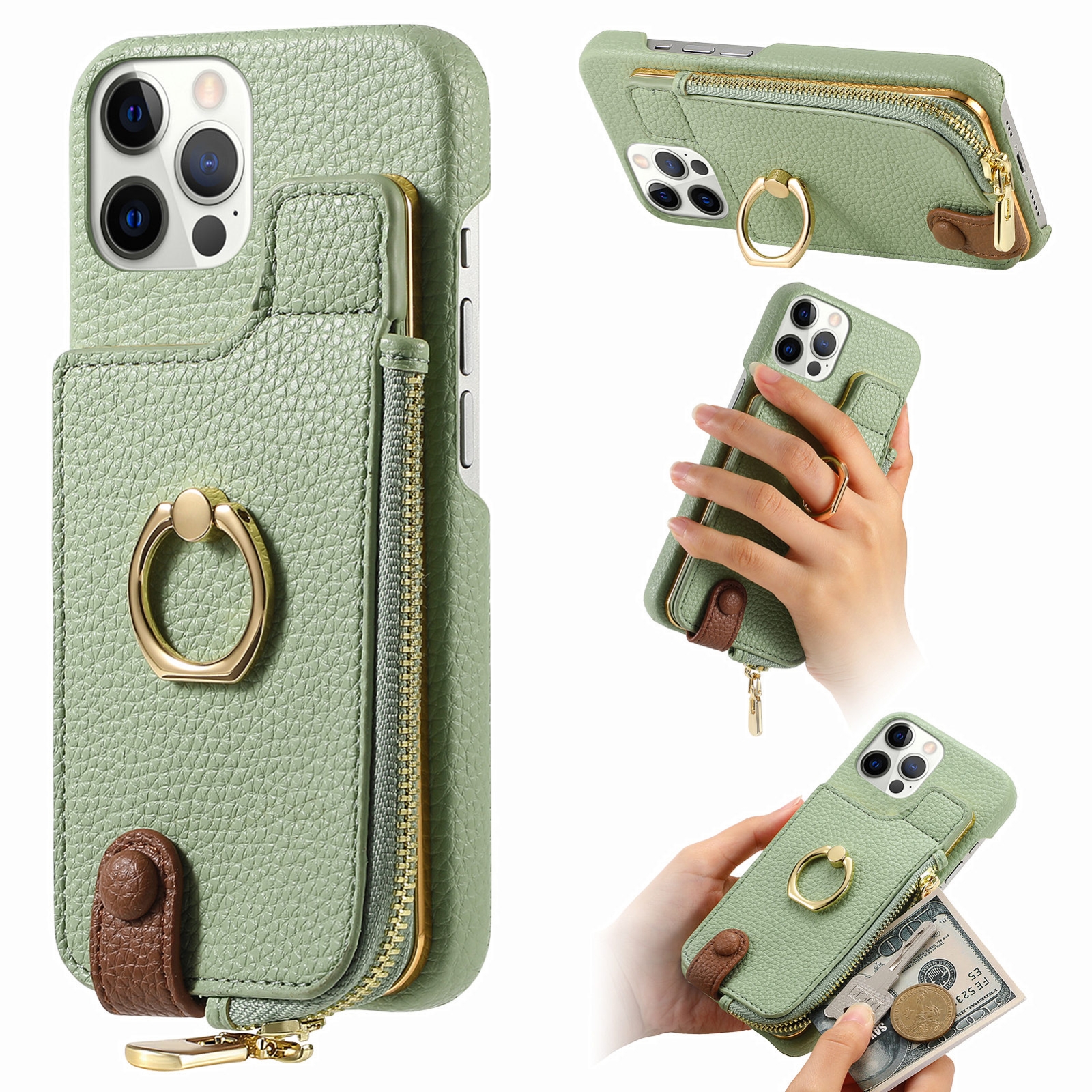 For iPhone 12 Pro Litchi Leather Oil Edge Ring Zipper Wallet Back Phone Case(Tea Green) - Shopkiz.com