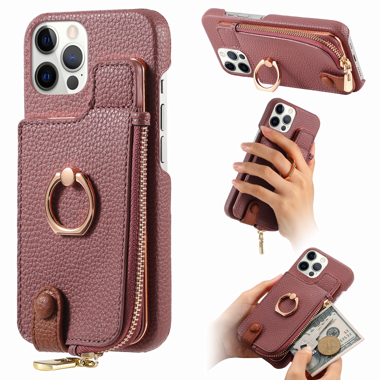 For iPhone 12 Pro Litchi Leather Oil Edge Ring Zipper Wallet Back Phone Case(Jujube Apricot) - Shopkiz.com