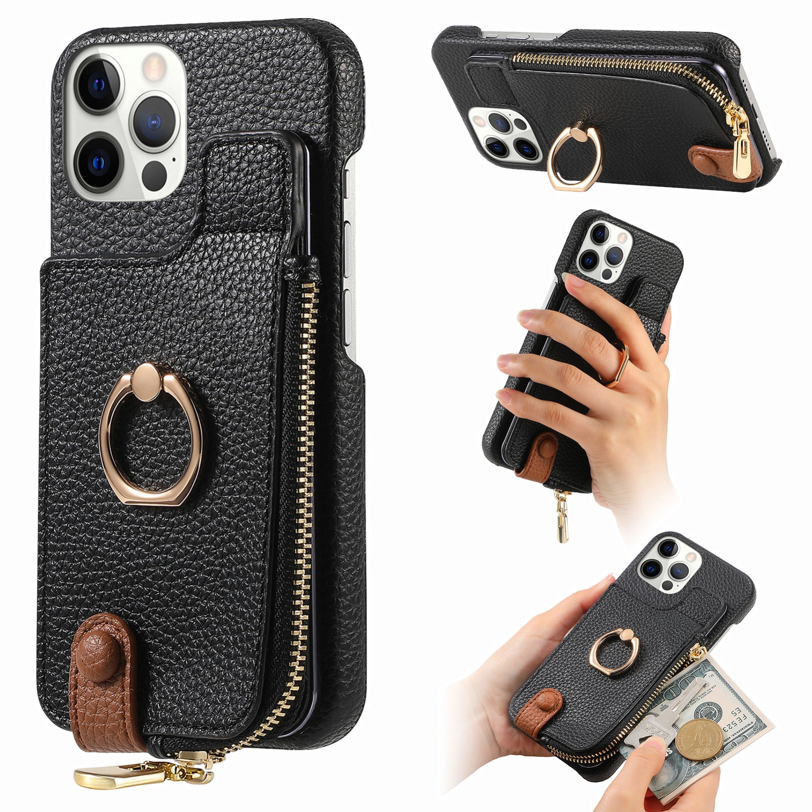 For iPhone 12 Pro Litchi Leather Oil Edge Ring Zipper Wallet Back Phone Case(Black) - Shopkiz.com