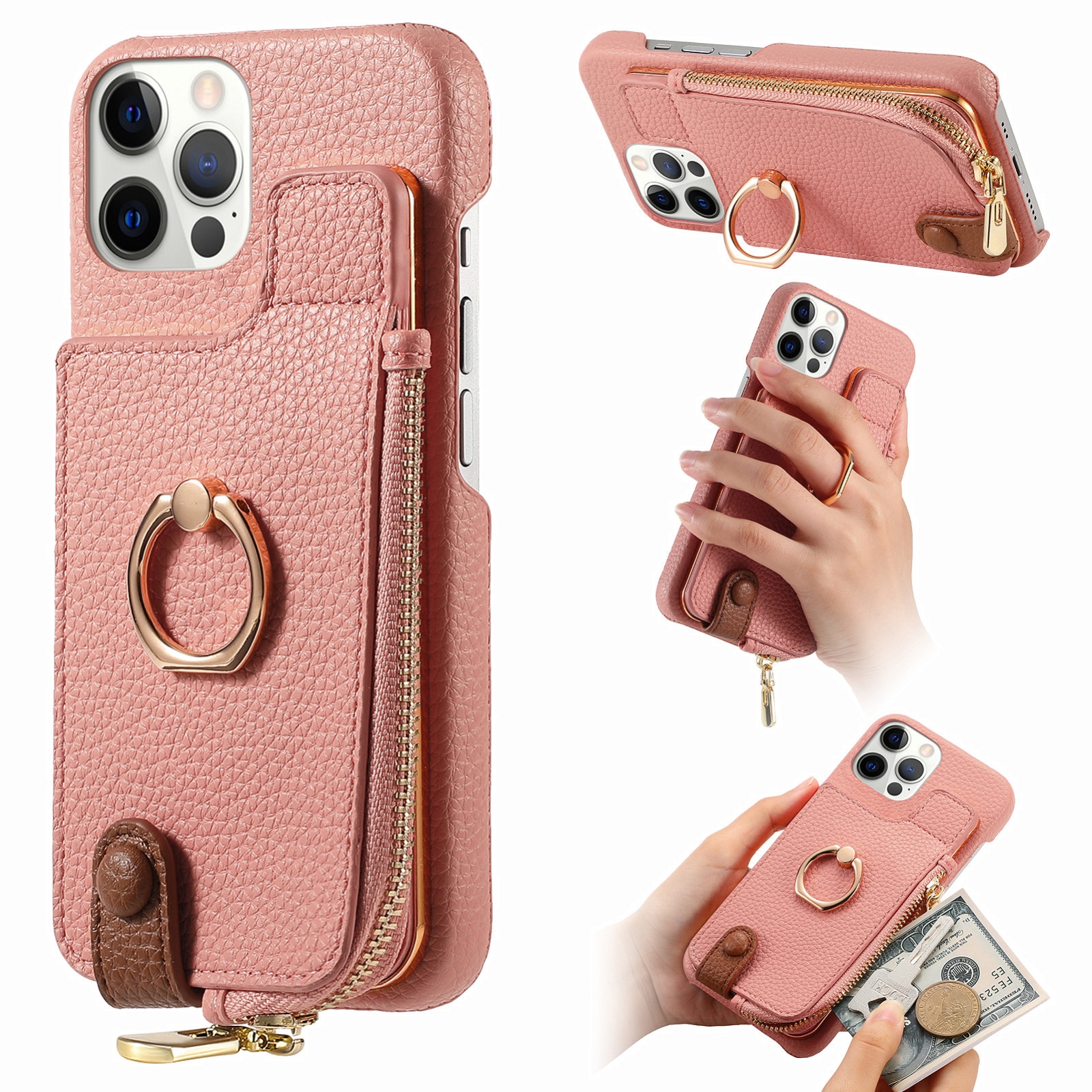 For iPhone 12 Pro Litchi Leather Oil Edge Ring Zipper Wallet Back Phone Case(Pink) - Shopkiz.com