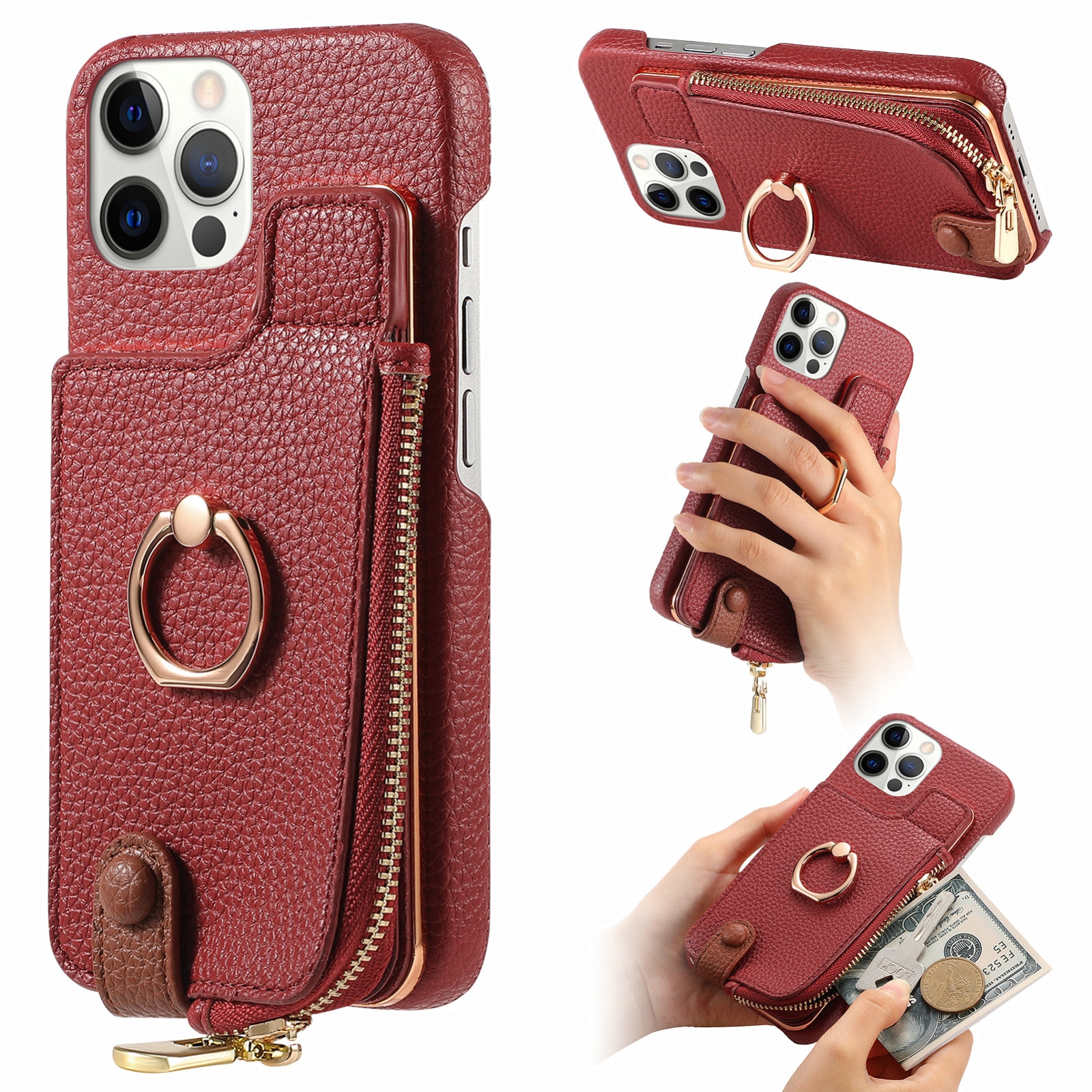 For iPhone 12 Pro Litchi Leather Oil Edge Ring Zipper Wallet Back Phone Case(Red) - Shopkiz.com
