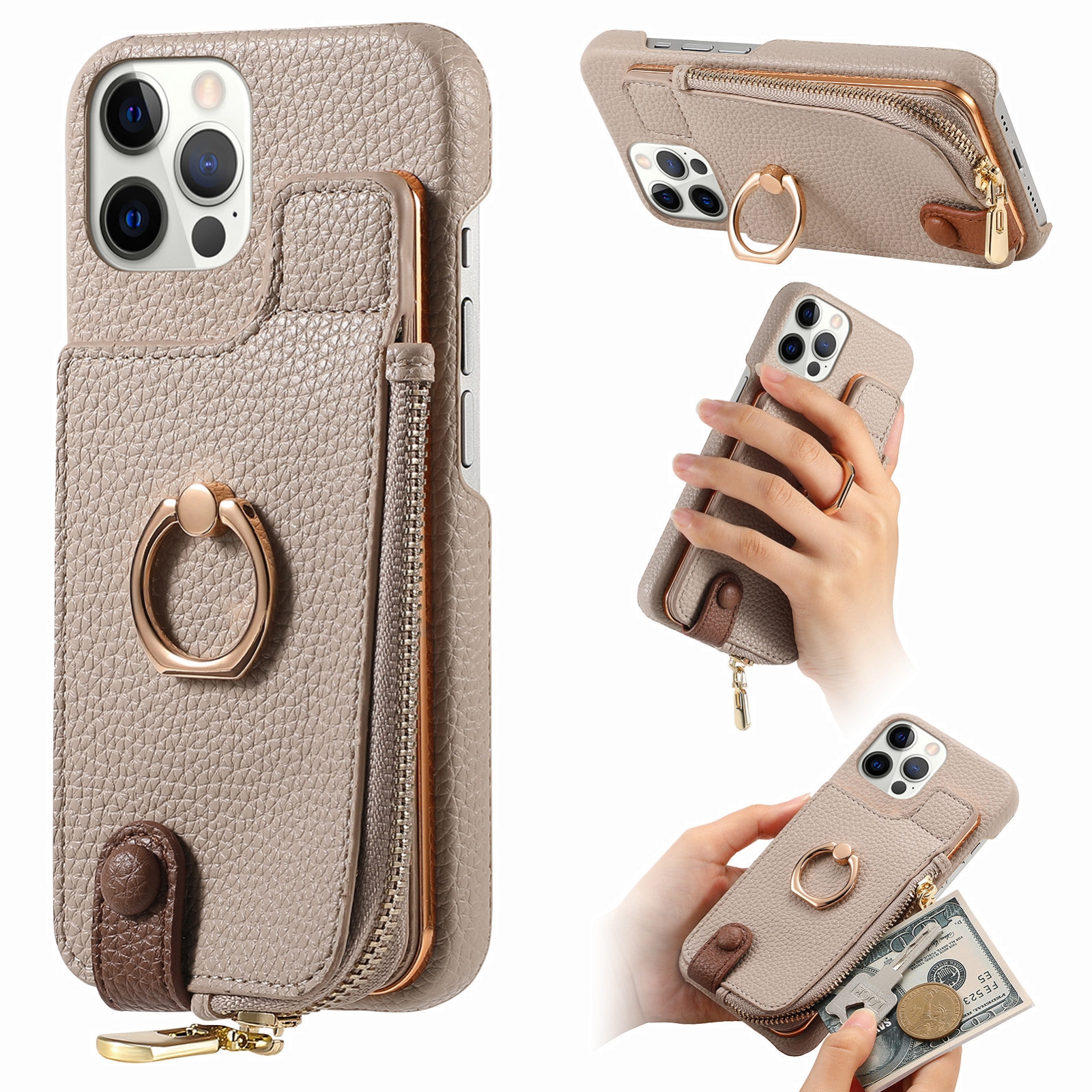 For iPhone 12 Pro Litchi Leather Oil Edge Ring Zipper Wallet Back Phone Case(Khaki) - Shopkiz.com