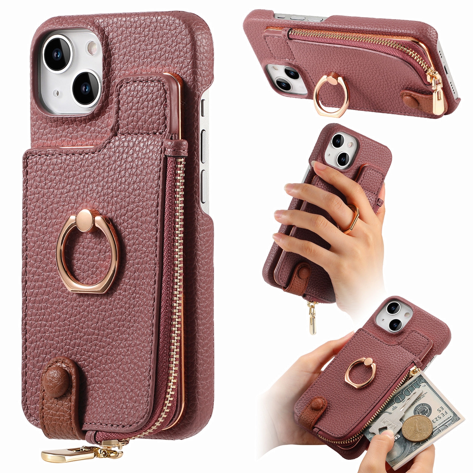 For iPhone 13 mini Litchi Leather Oil Edge Ring Zipper Wallet Back Phone Case(Jujube Apricot) - Shopkiz.com