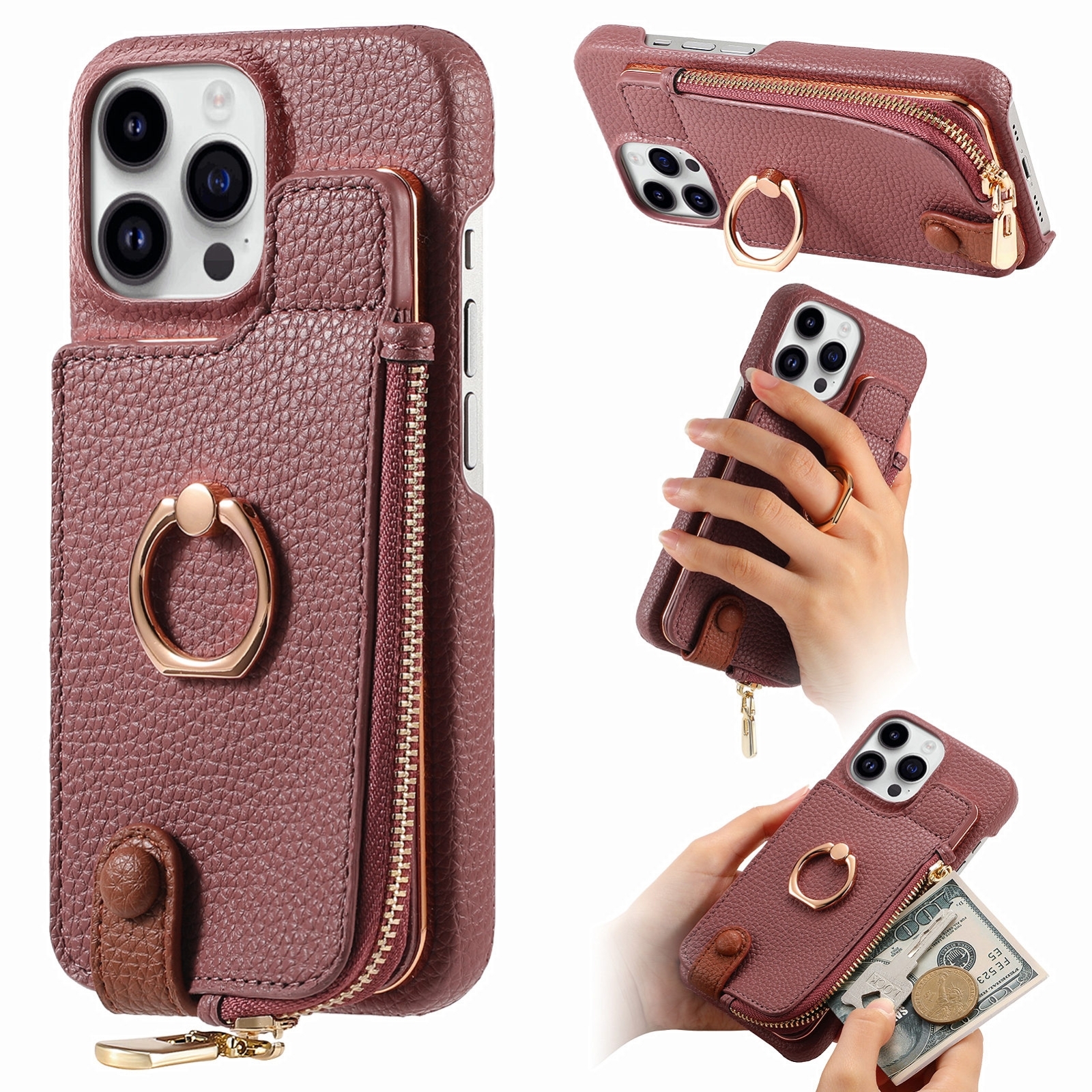 For iPhone 13 Pro Max Litchi Leather Oil Edge Ring Zipper Wallet Back Phone Case(Jujube Apricot) - Shopkiz.com