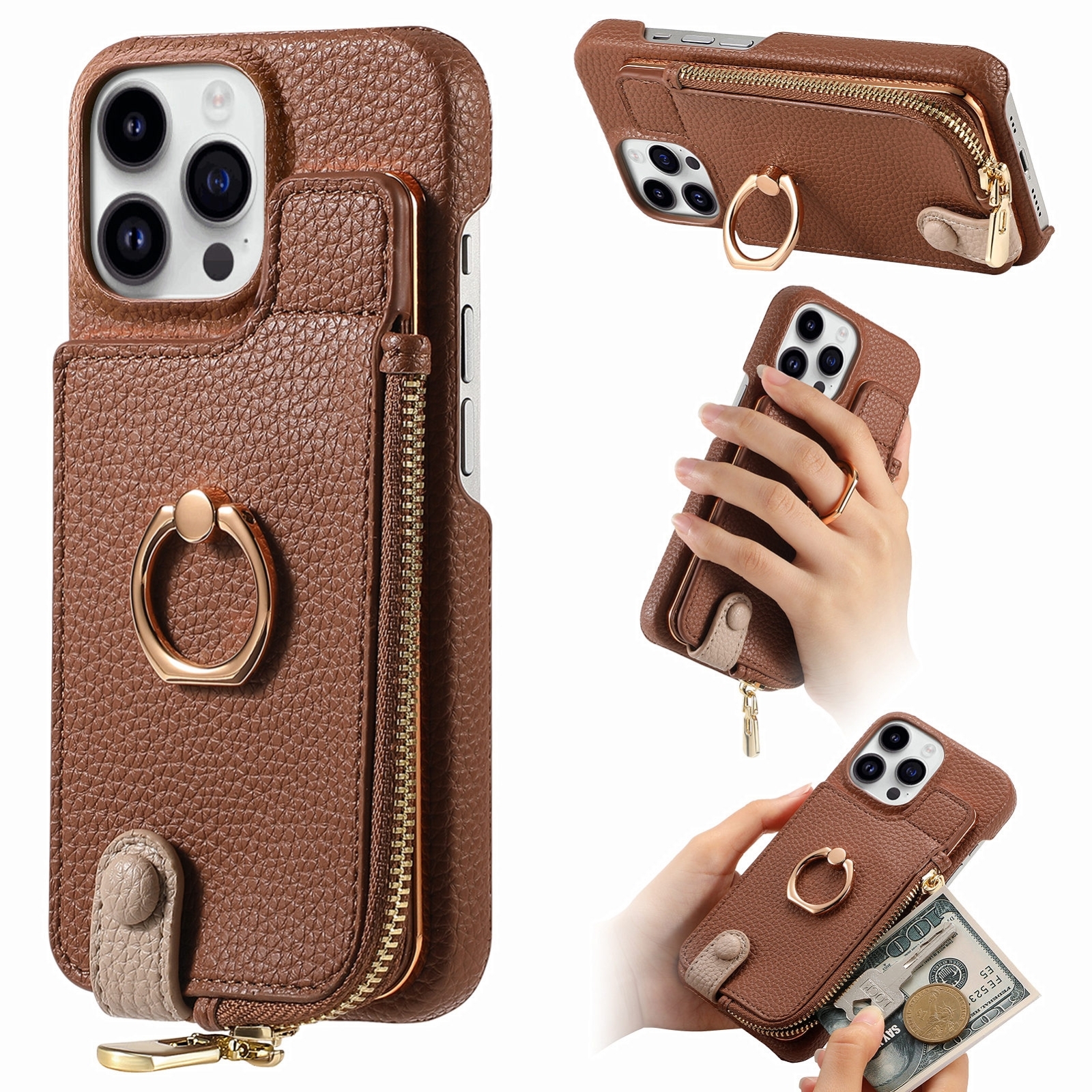 For iPhone 13 Pro Max Litchi Leather Oil Edge Ring Zipper Wallet Back Phone Case(Brown) - Shopkiz.com