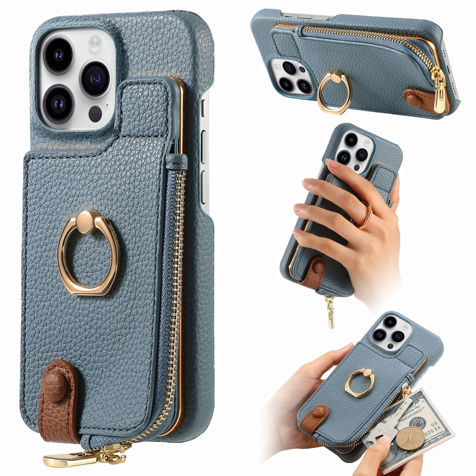 For iPhone 13 Pro Max Litchi Leather Oil Edge Ring Zipper Wallet Back Phone Case(Light Blue) - Shopkiz.com