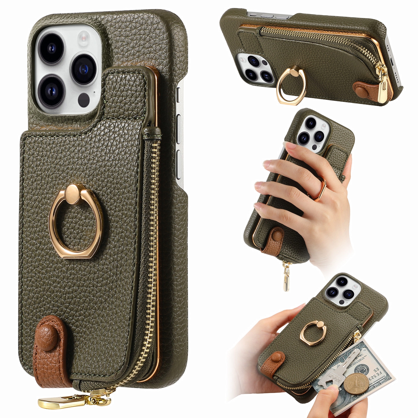 For iPhone 13 Pro Litchi Leather Oil Edge Ring Zipper Wallet Back Phone Case(Green) - Shopkiz.com