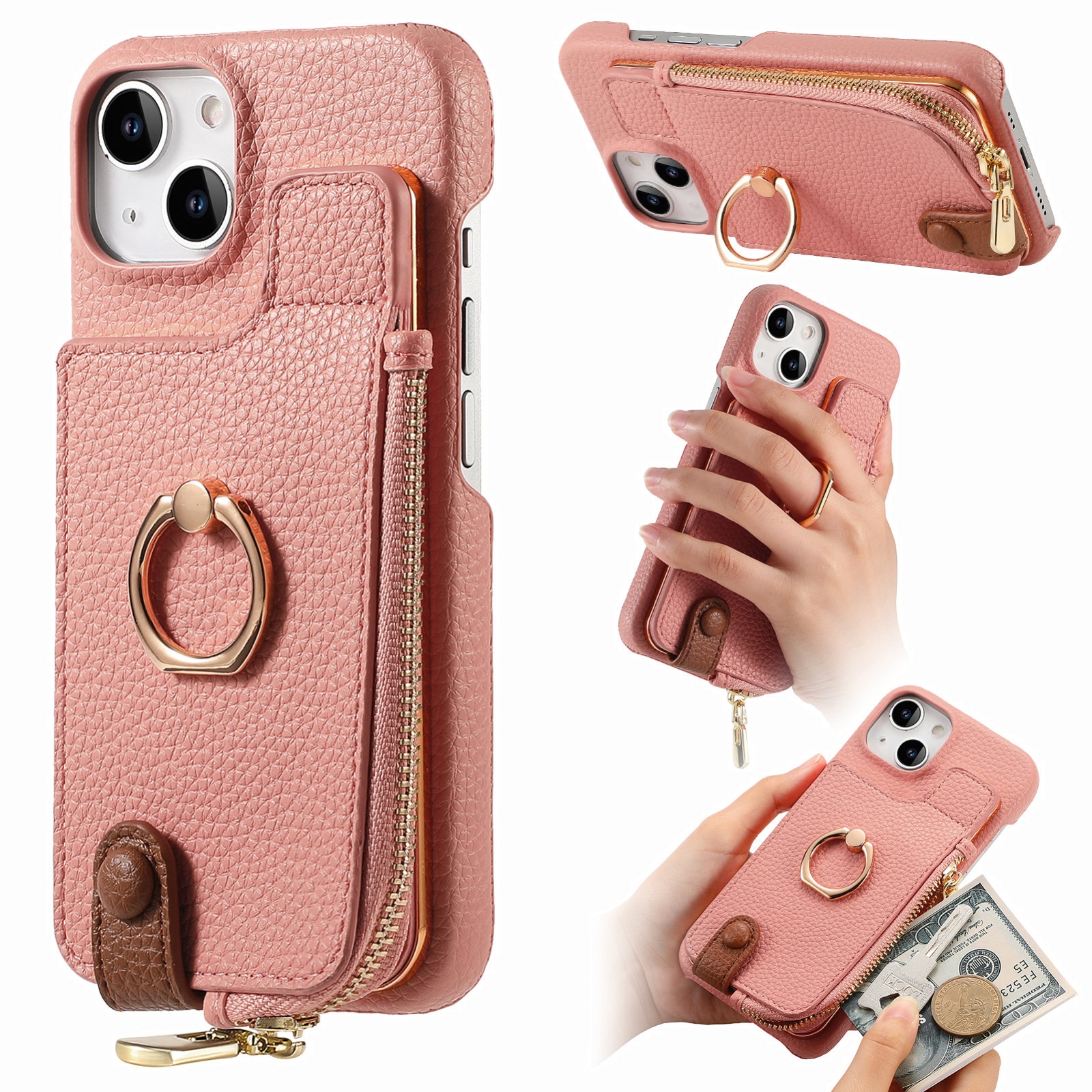 For iPhone 13 Litchi Leather Oil Edge Ring Zipper Wallet Back Phone Case(Pink) - Shopkiz.com