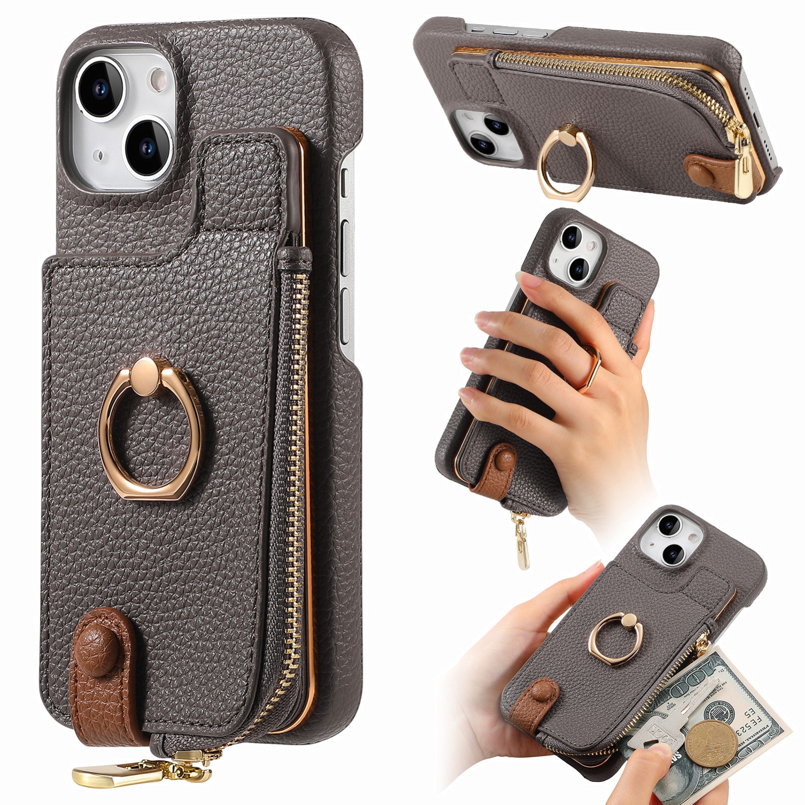 For iPhone 13 Litchi Leather Oil Edge Ring Zipper Wallet Back Phone Case(Grey) - Shopkiz.com