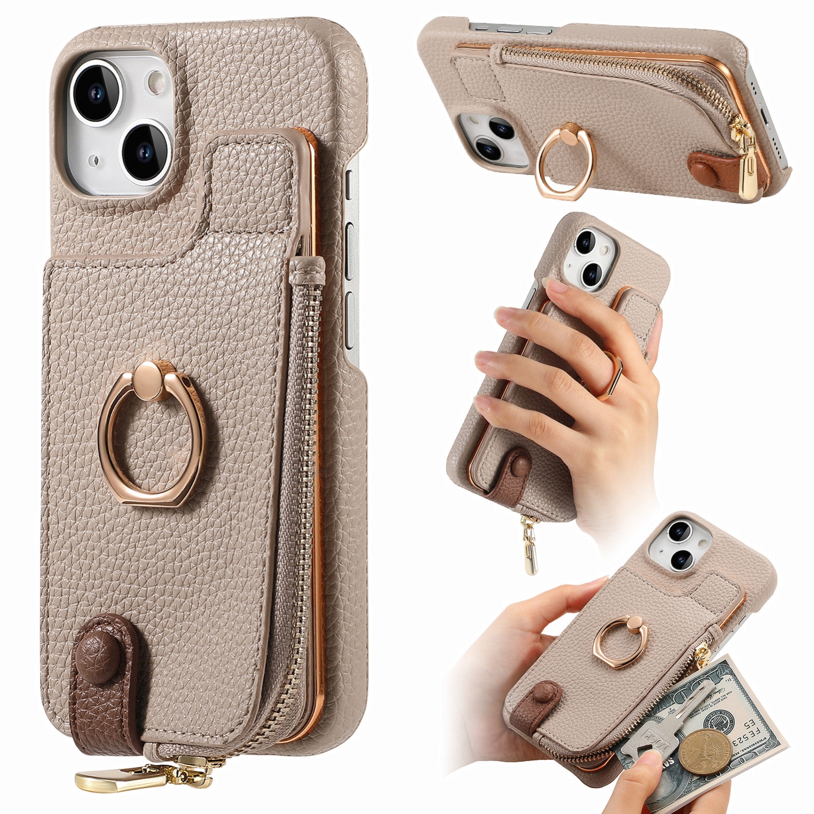For iPhone 13 Litchi Leather Oil Edge Ring Zipper Wallet Back Phone Case(Khaki) - Shopkiz.com