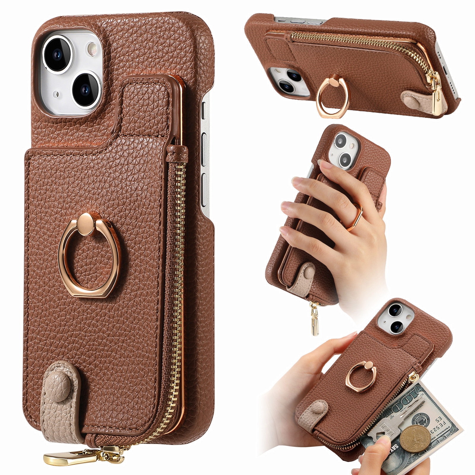 For iPhone 14 Plus Litchi Leather Oil Edge Ring Zipper Wallet Back Phone Case(Brown) - Shopkiz.com