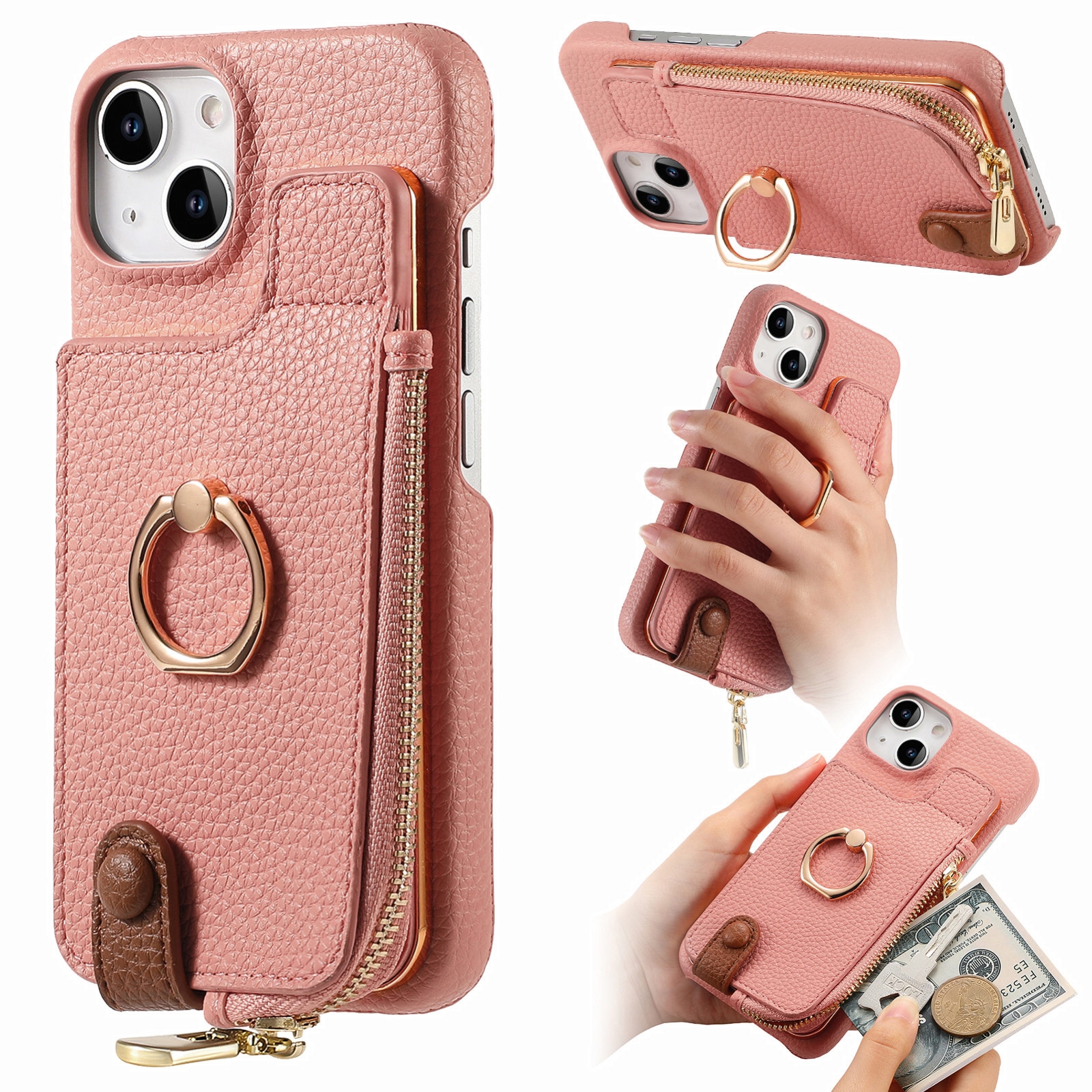 For iPhone 14 Plus Litchi Leather Oil Edge Ring Zipper Wallet Back Phone Case(Pink) - Shopkiz.com