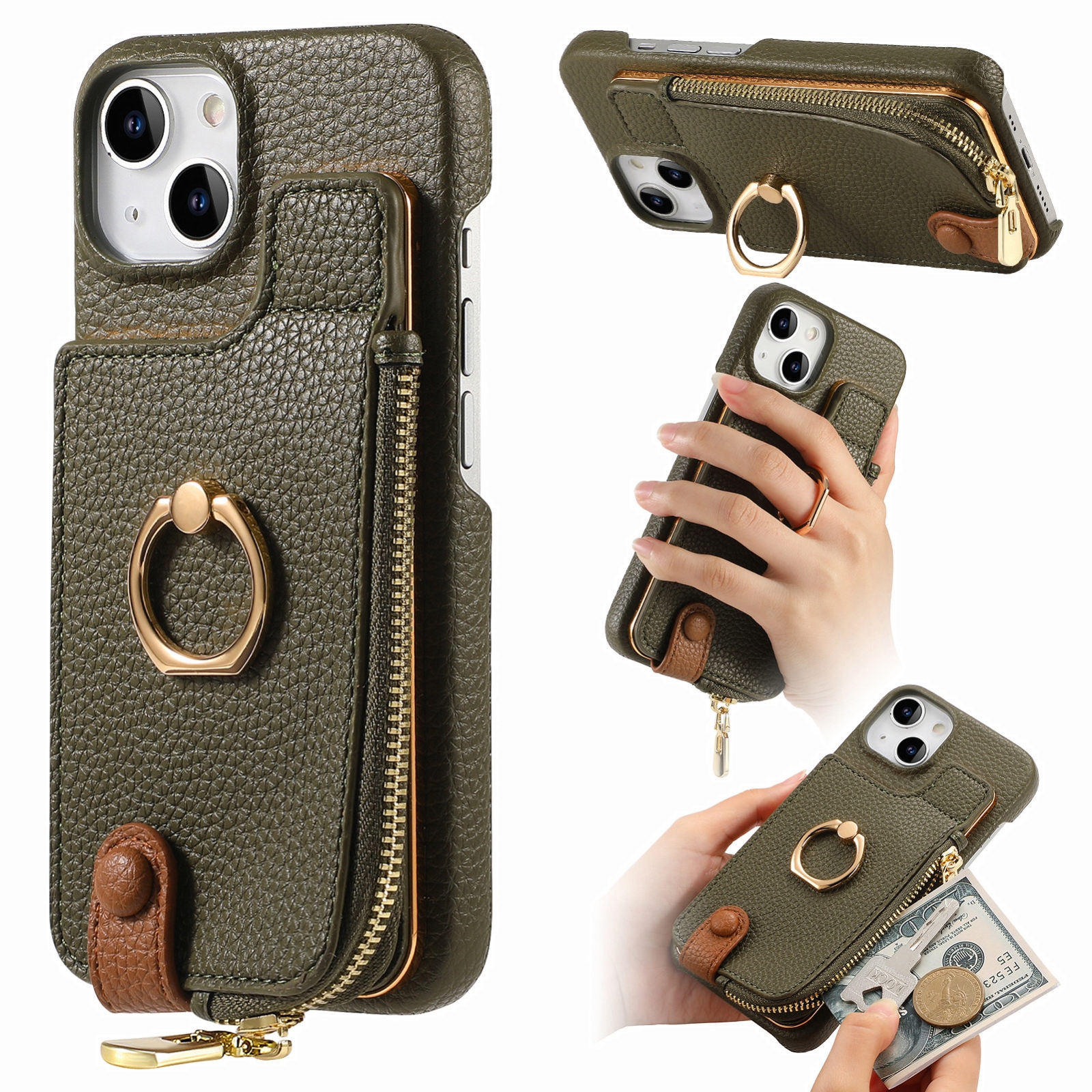 For iPhone 14 Plus Litchi Leather Oil Edge Ring Zipper Wallet Back Phone Case(Green) - Shopkiz.com