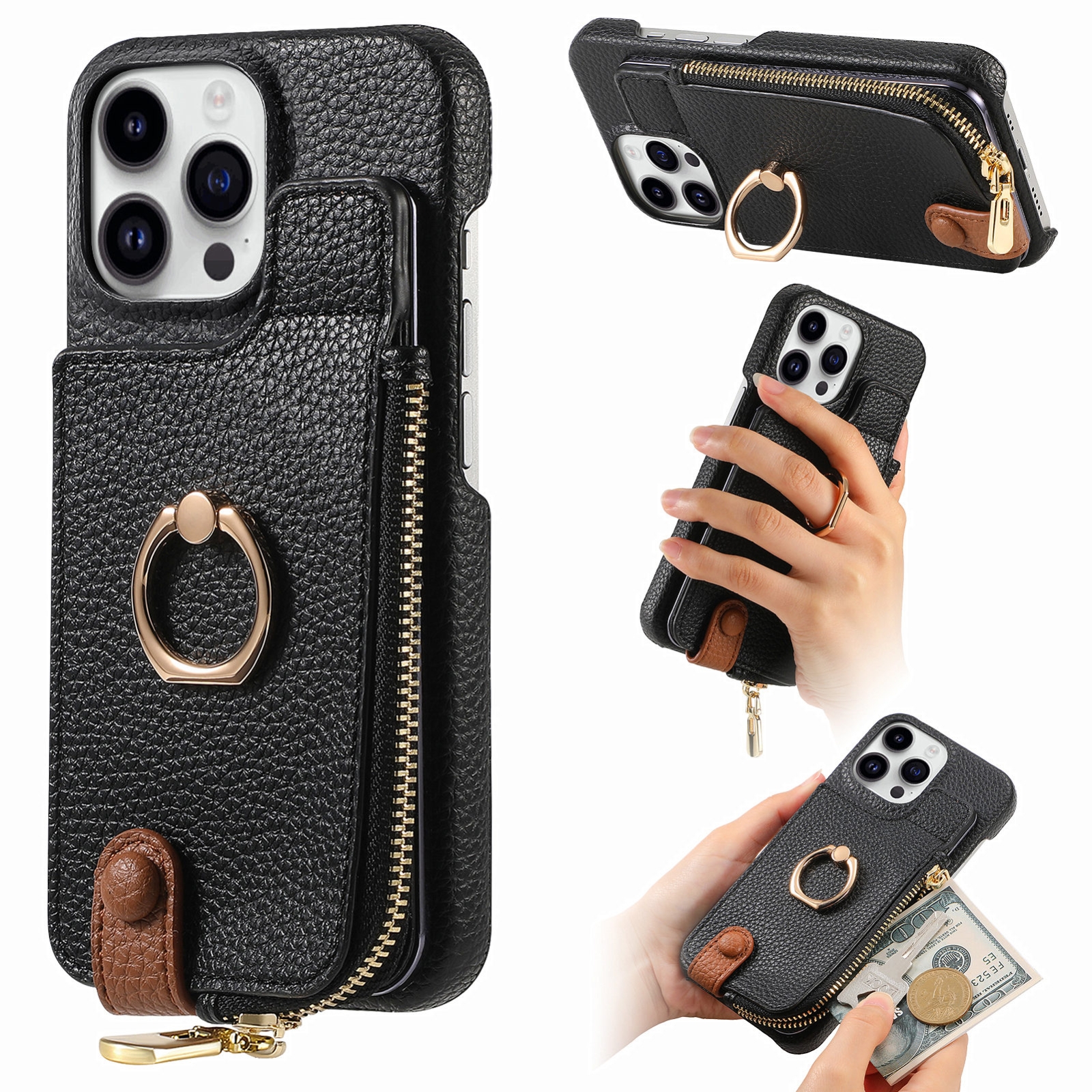 For iPhone 14 Pro Litchi Leather Oil Edge Ring Zipper Wallet Back Phone Case(Black) - Shopkiz.com