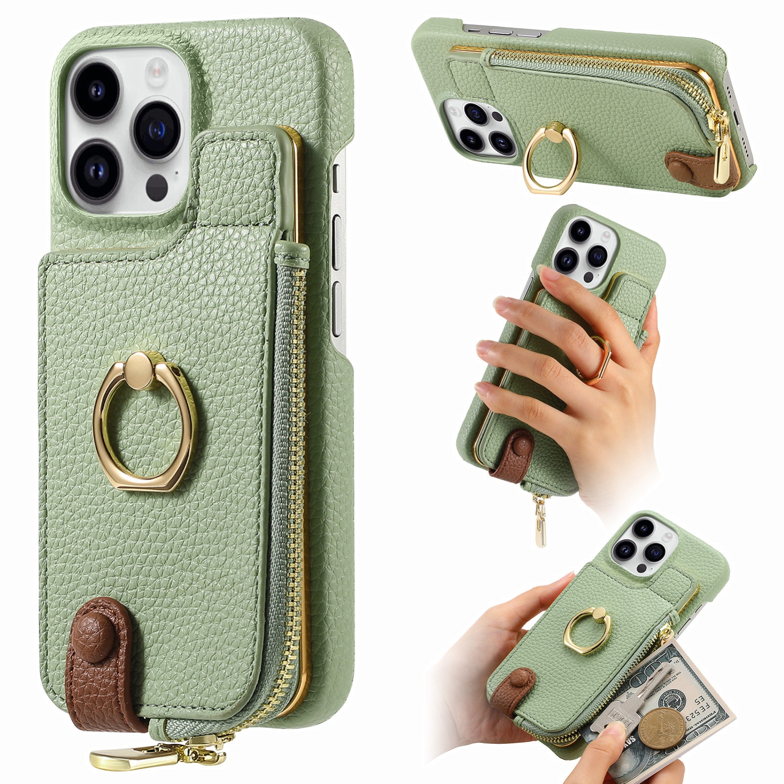 For iPhone 14 Pro Max Litchi Leather Oil Edge Ring Zipper Wallet Back Phone Case(Tea Green) - Shopkiz.com