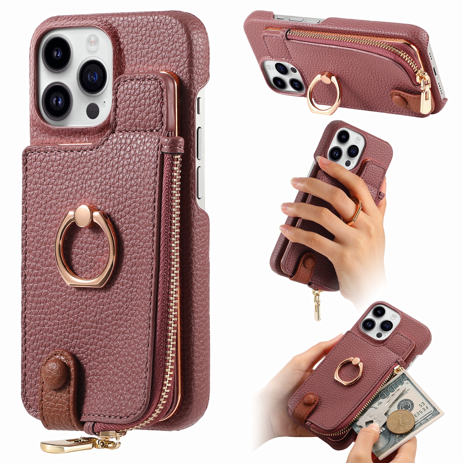 For iPhone 14 Pro Max Litchi Leather Oil Edge Ring Zipper Wallet Back Phone Case(Jujube Apricot) - Shopkiz.com