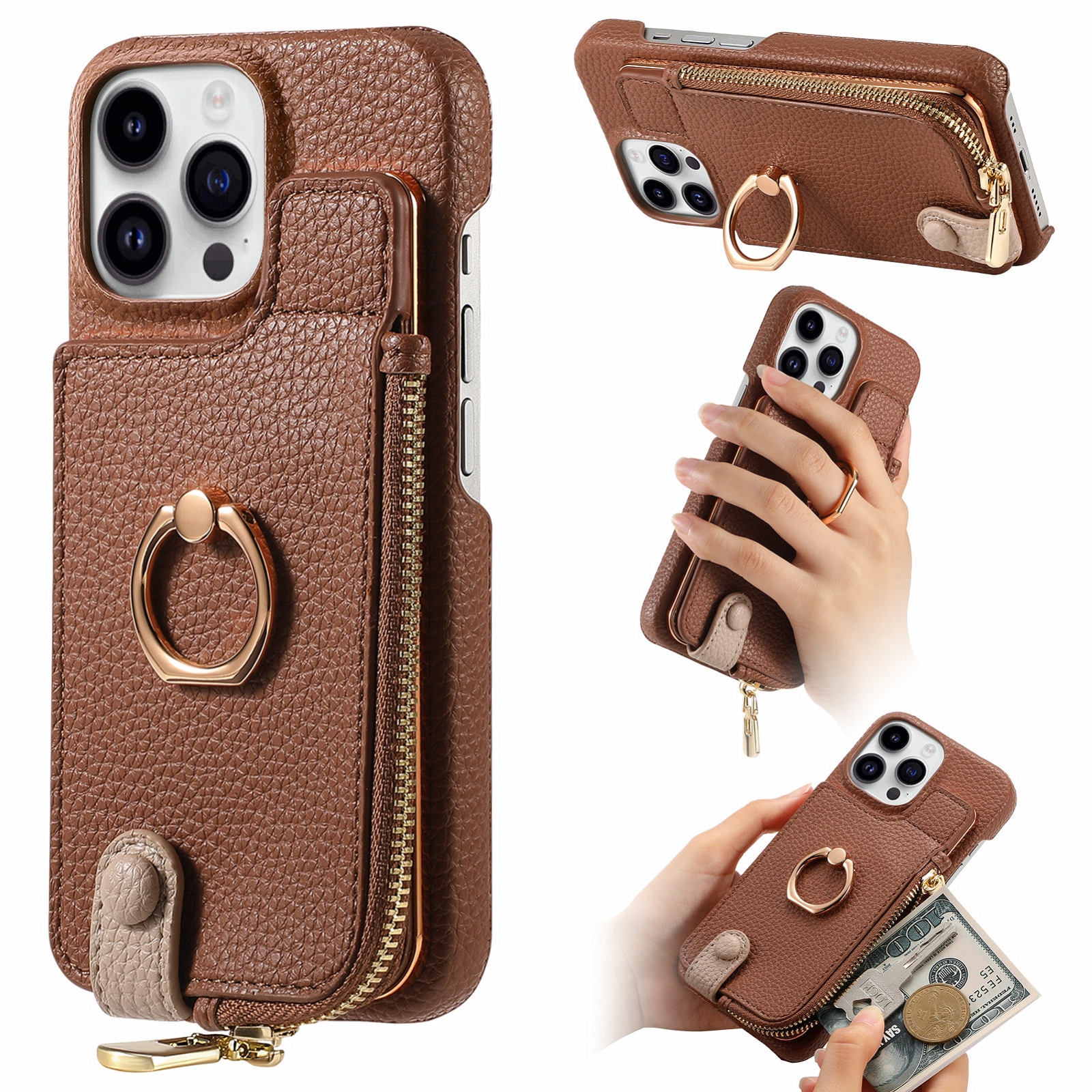 For iPhone 14 Pro Max Litchi Leather Oil Edge Ring Zipper Wallet Back Phone Case(Brown) - Shopkiz.com