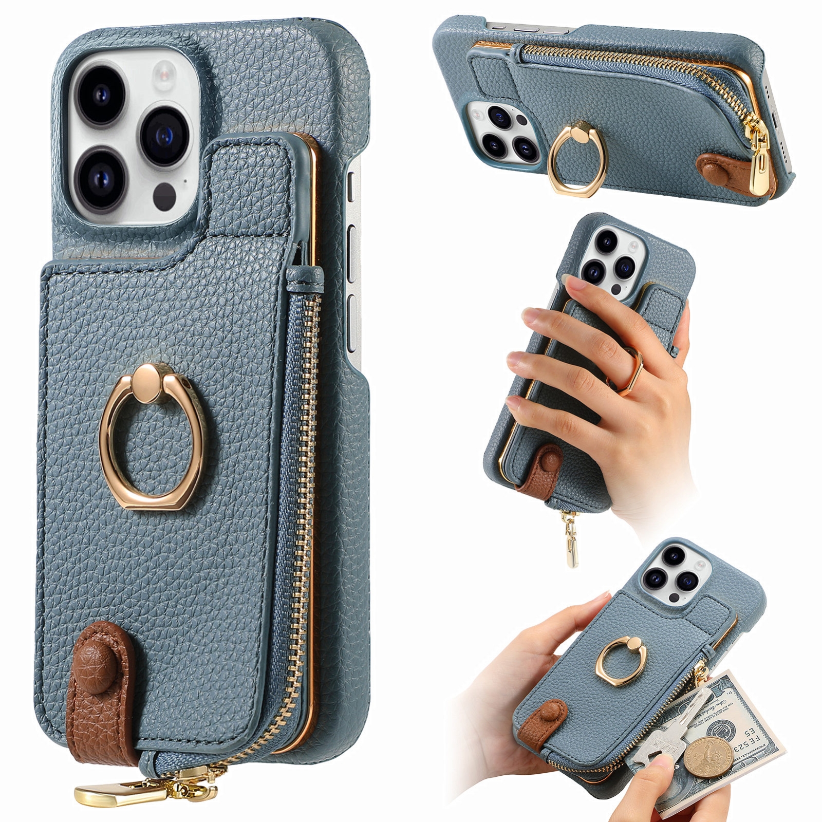 For iPhone 14 Pro Max Litchi Leather Oil Edge Ring Zipper Wallet Back Phone Case(Light Blue) - Shopkiz.com