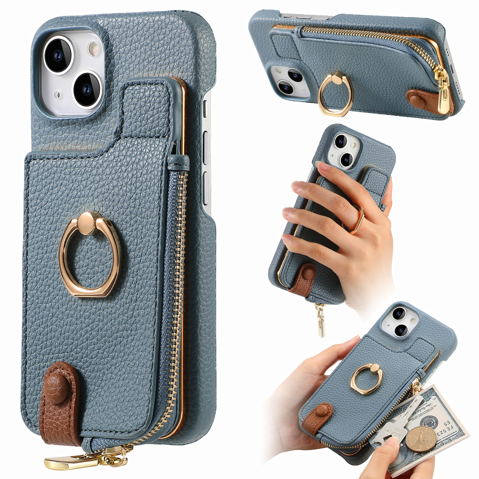 For iPhone 15 Plus Litchi Leather Oil Edge Ring Zipper Wallet Back Phone Case(Light Blue) - Shopkiz.com