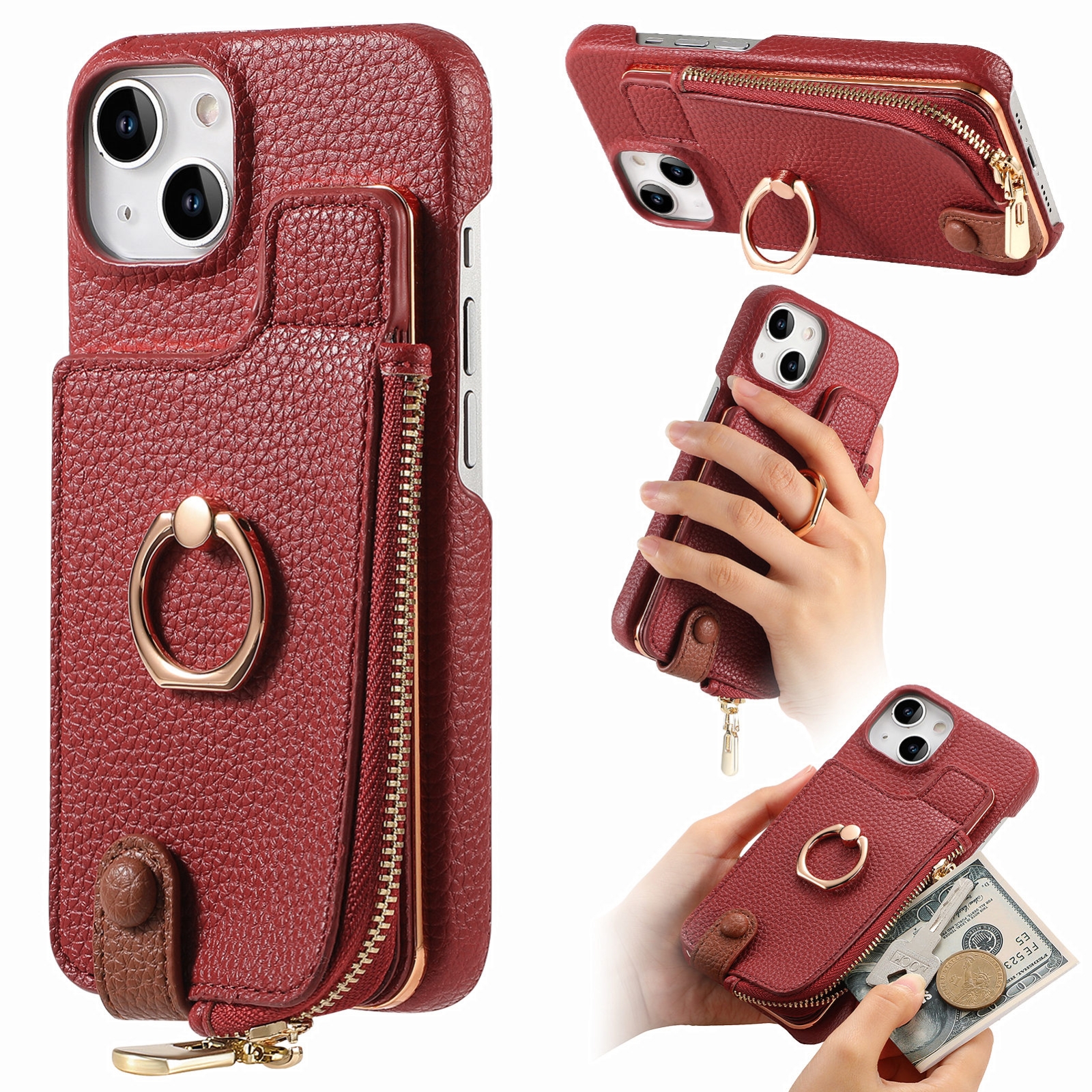 For iPhone 15 Plus Litchi Leather Oil Edge Ring Zipper Wallet Back Phone Case(Red) - Shopkiz.com