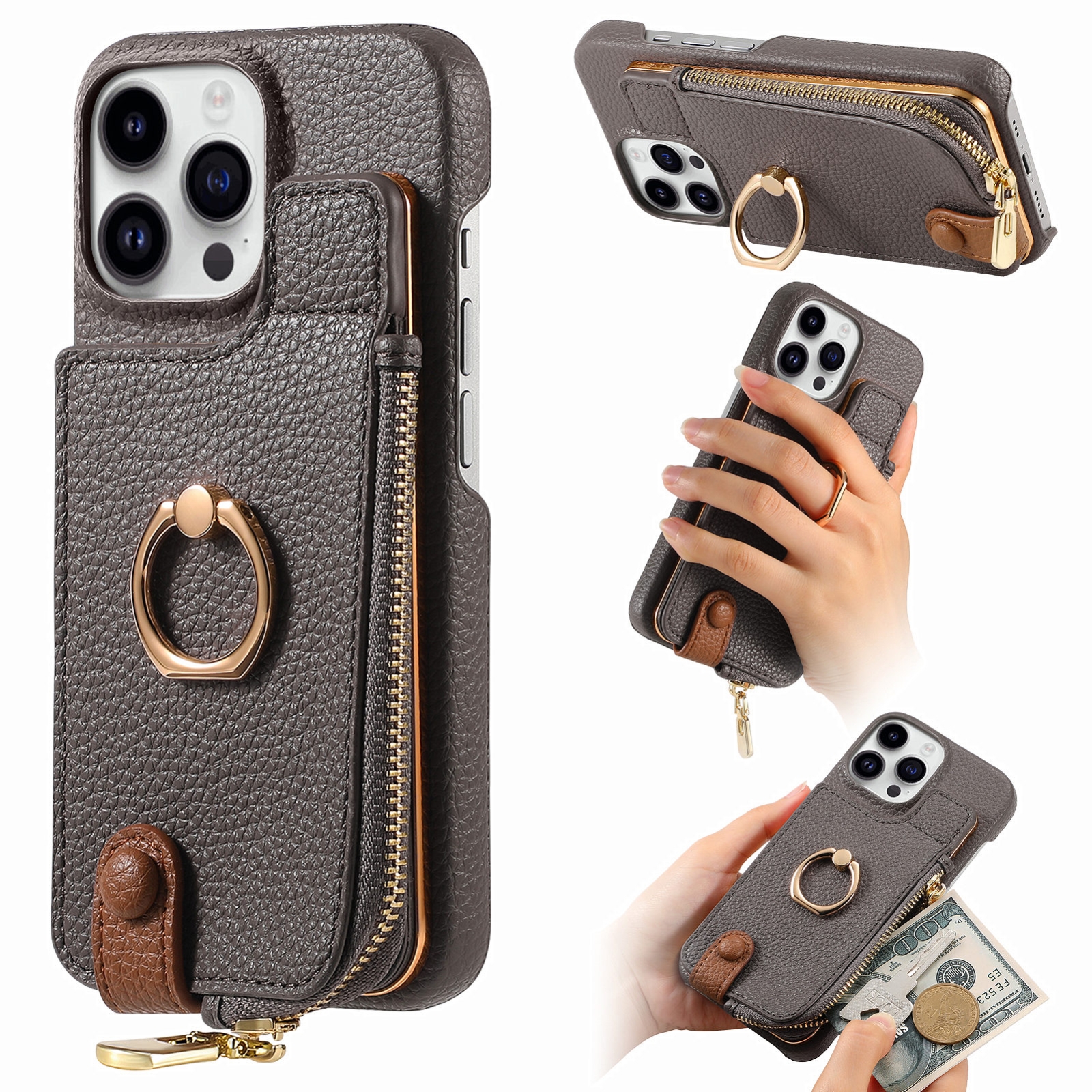 For iPhone 15 Pro Max Litchi Leather Oil Edge Ring Zipper Wallet Back Phone Case(Grey) - Shopkiz.com