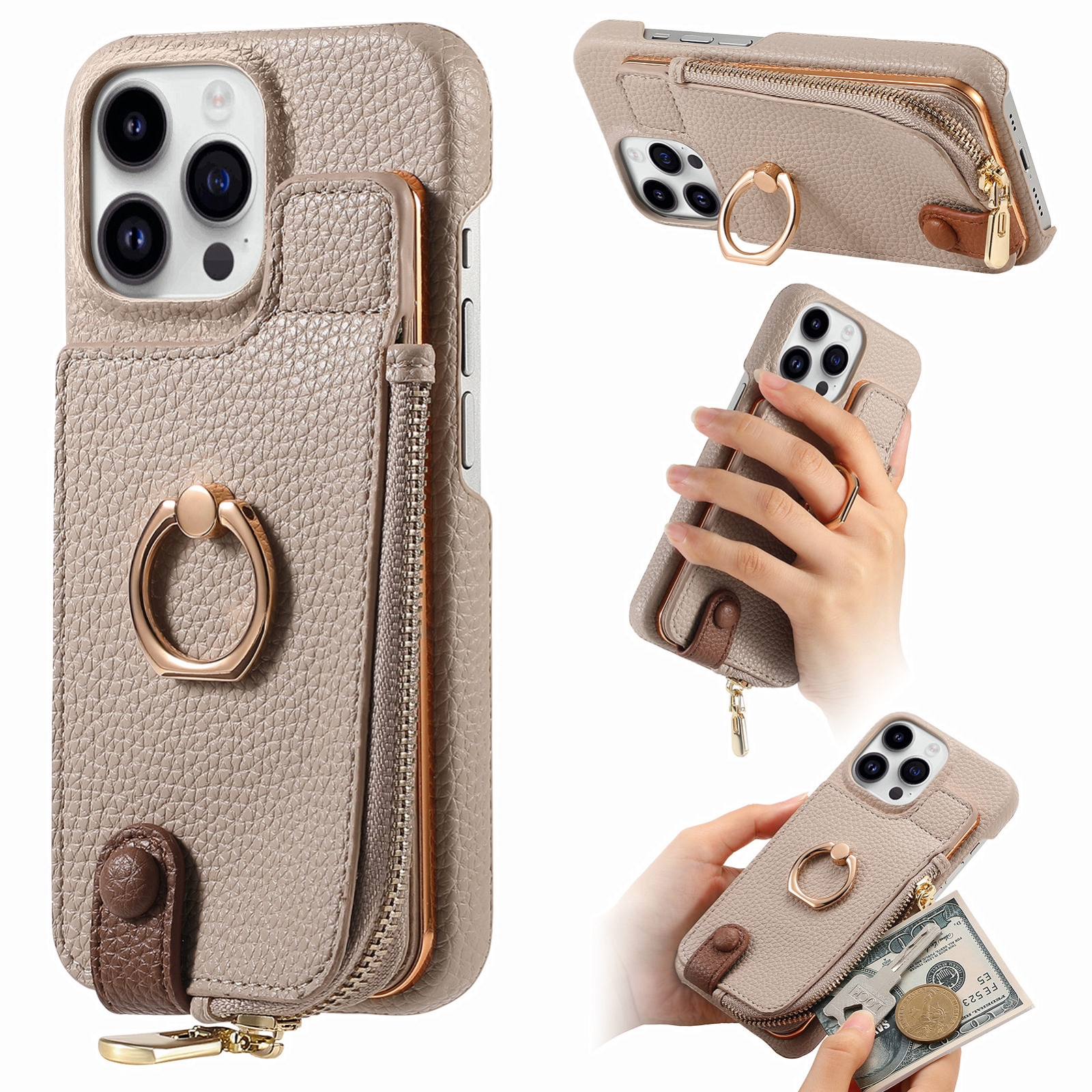For iPhone 15 Pro Max Litchi Leather Oil Edge Ring Zipper Wallet Back Phone Case(Khaki) - Shopkiz.com