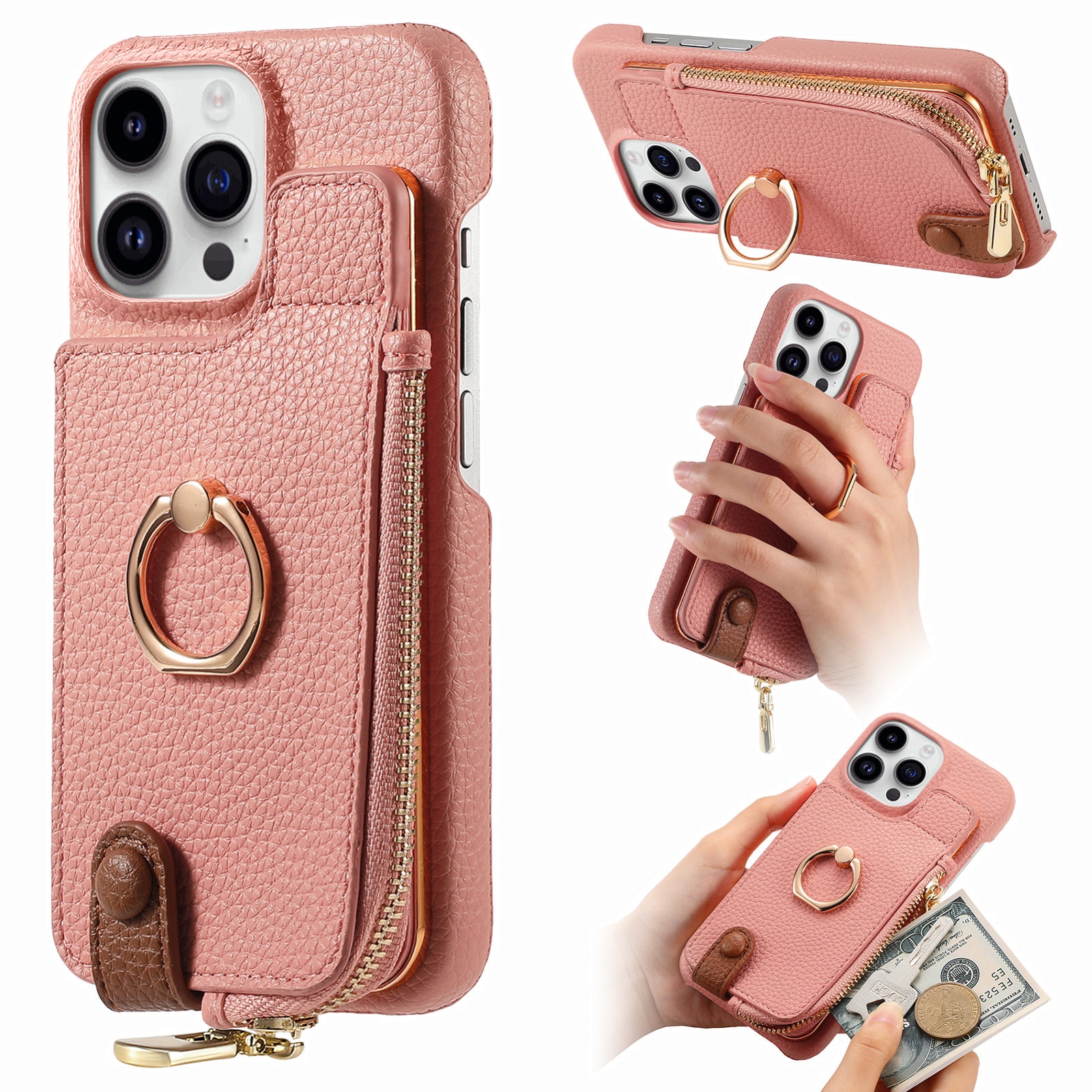 For iPhone 15 Pro Litchi Leather Oil Edge Ring Zipper Wallet Back Phone Case(Pink) - Shopkiz.com