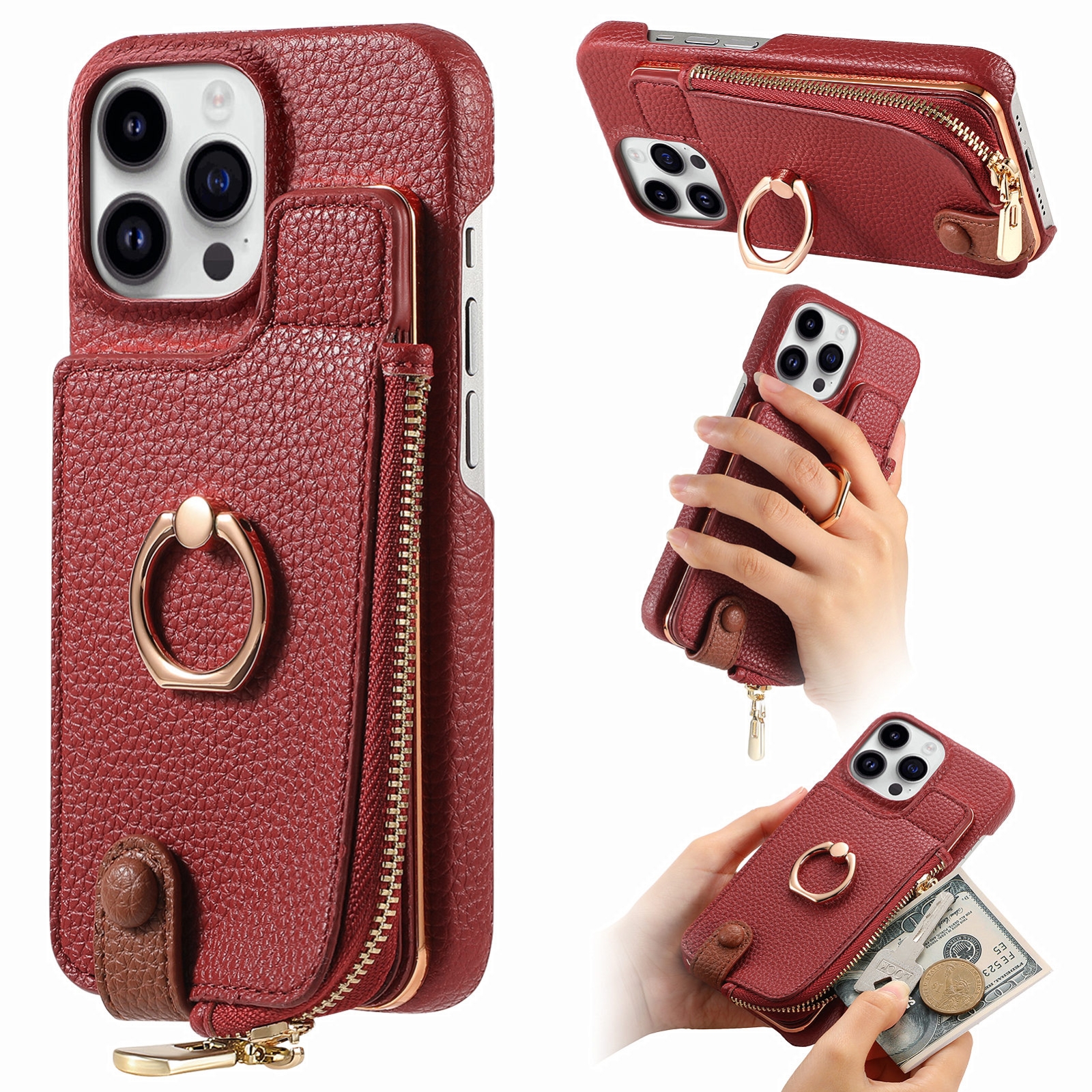 For iPhone 15 Pro Litchi Leather Oil Edge Ring Zipper Wallet Back Phone Case(Red) - Shopkiz.com