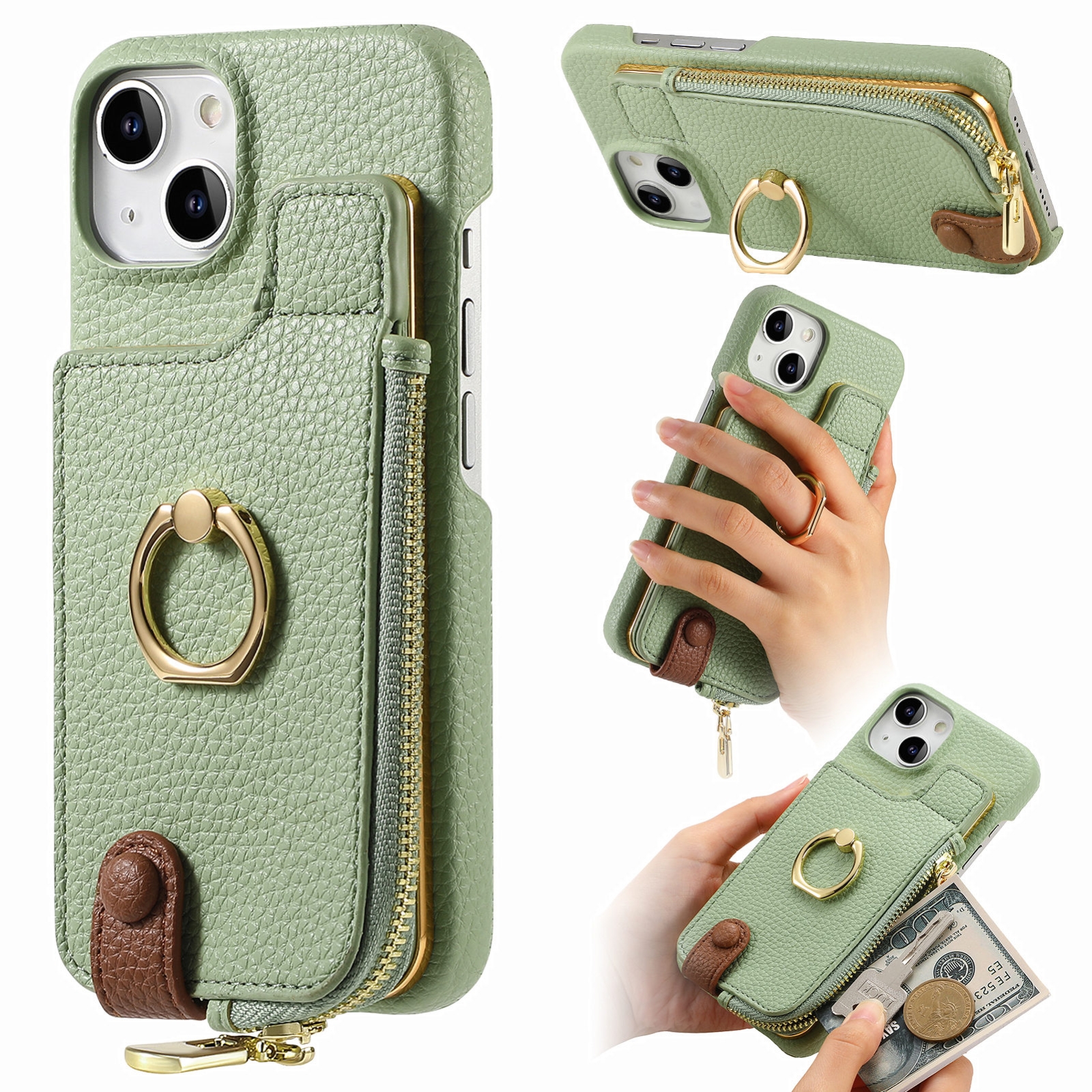For iPhone 15 Litchi Leather Oil Edge Ring Zipper Wallet Back Phone Case(Tea Green) - Shopkiz.com