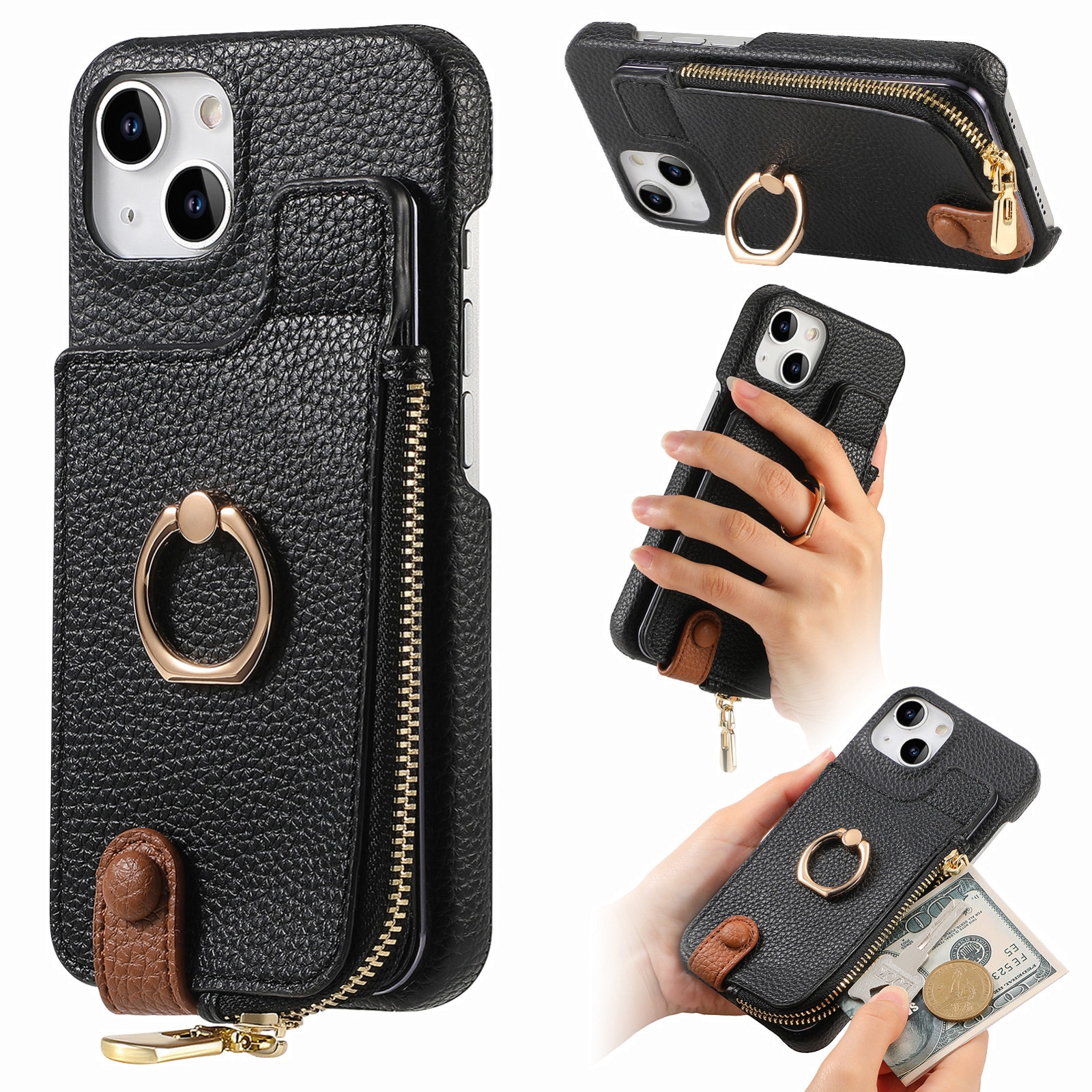 For iPhone 15 Litchi Leather Oil Edge Ring Zipper Wallet Back Phone Case(Black) - Shopkiz.com