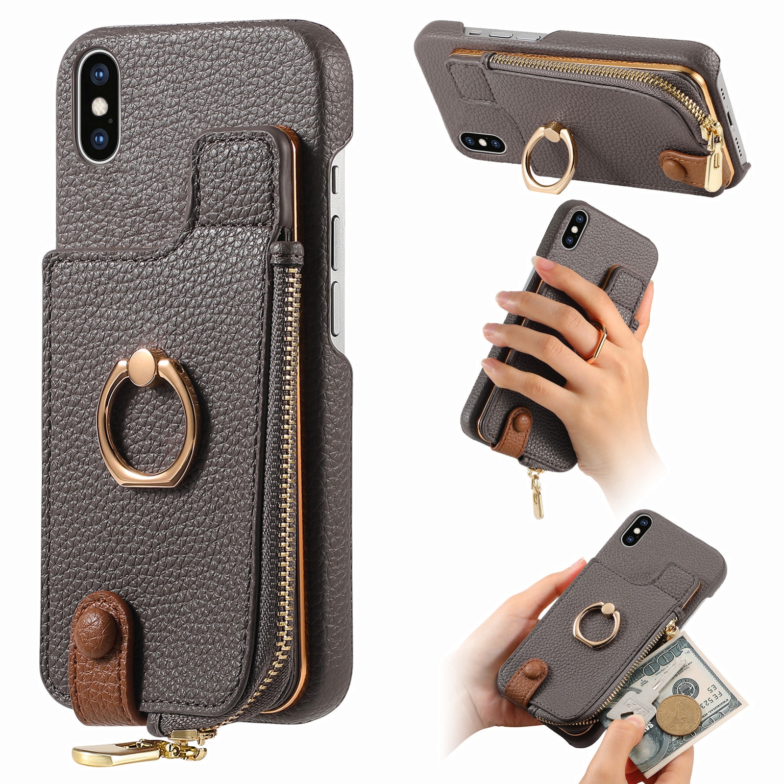 For iPhone X / XS Litchi Leather Oil Edge Ring Zipper Wallet Back Phone Case(Grey) - Shopkiz.com