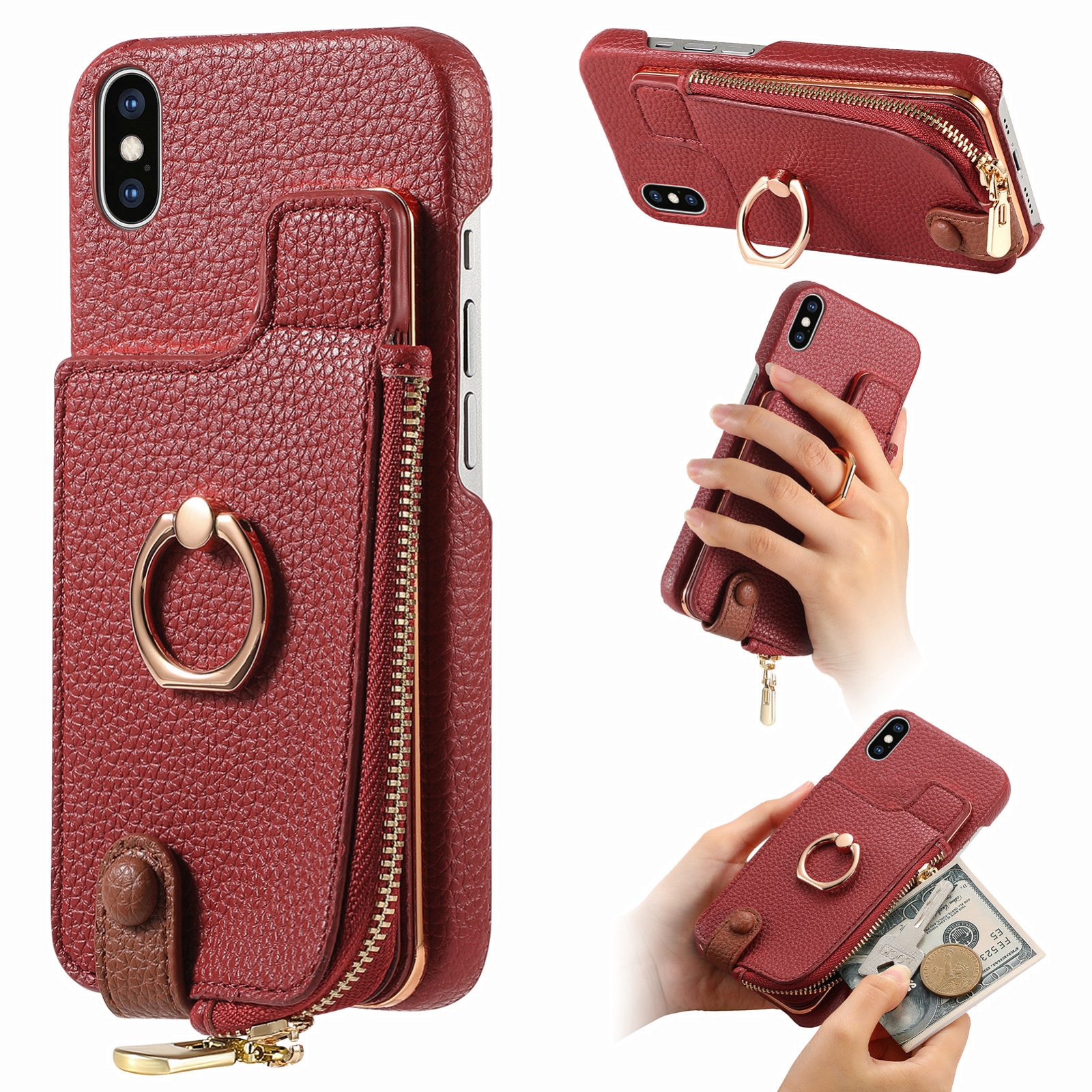 For iPhone X / XS Litchi Leather Oil Edge Ring Zipper Wallet Back Phone Case(Red) - Shopkiz.com