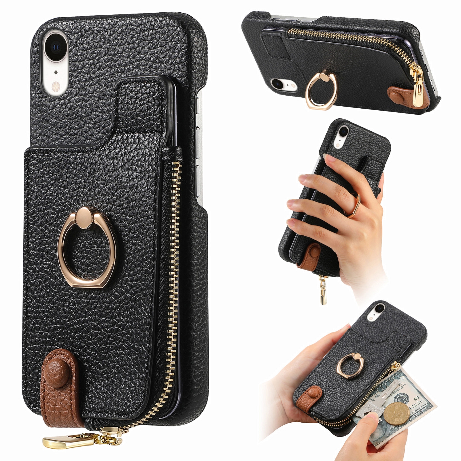 For iPhone XR Litchi Leather Oil Edge Ring Zipper Wallet Back Phone Case(Black) - Shopkiz.com