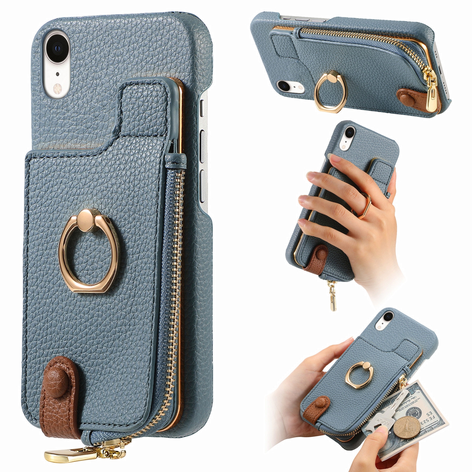 For iPhone XR Litchi Leather Oil Edge Ring Zipper Wallet Back Phone Case(Light Blue) - Shopkiz.com