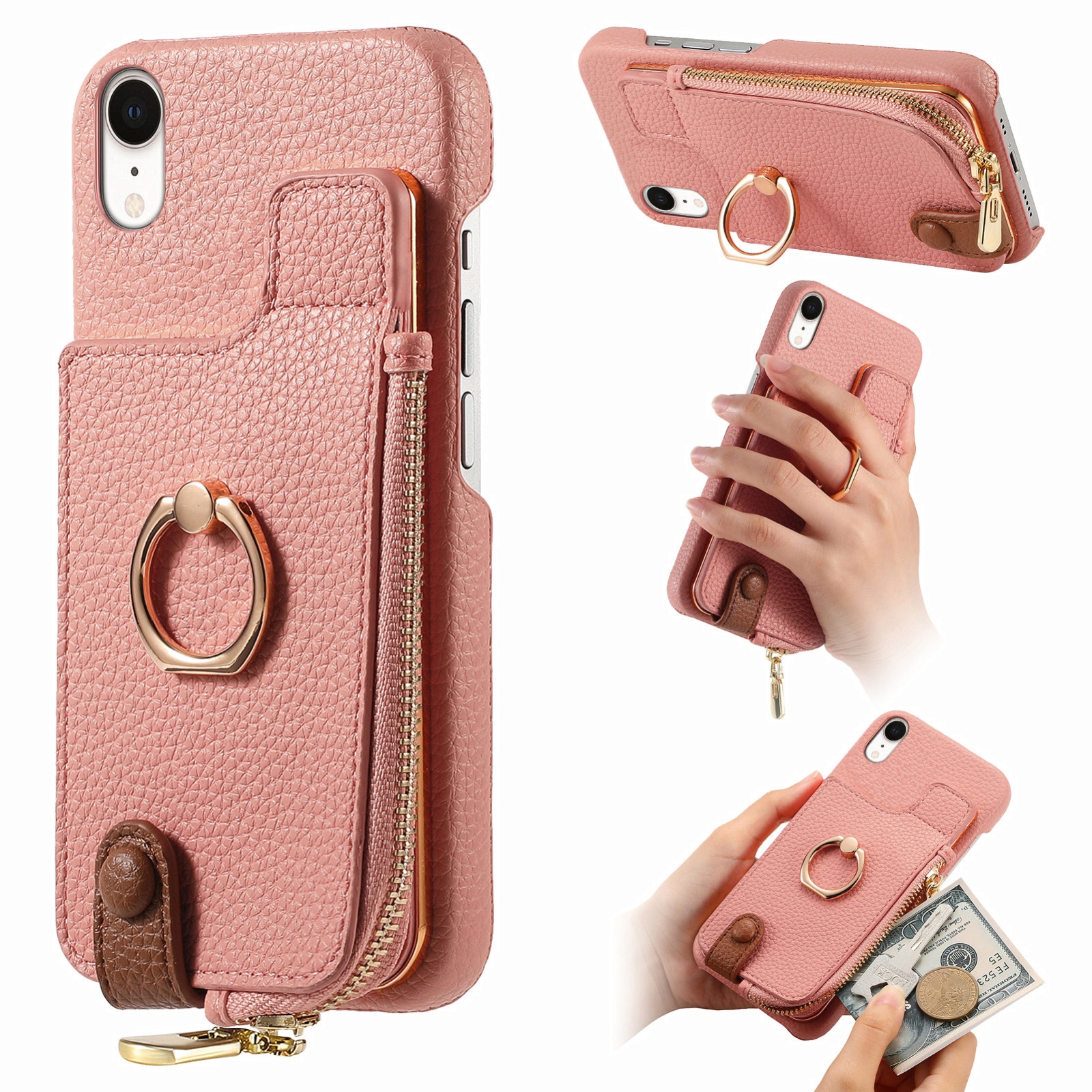 For iPhone XR Litchi Leather Oil Edge Ring Zipper Wallet Back Phone Case(Pink) - Shopkiz.com