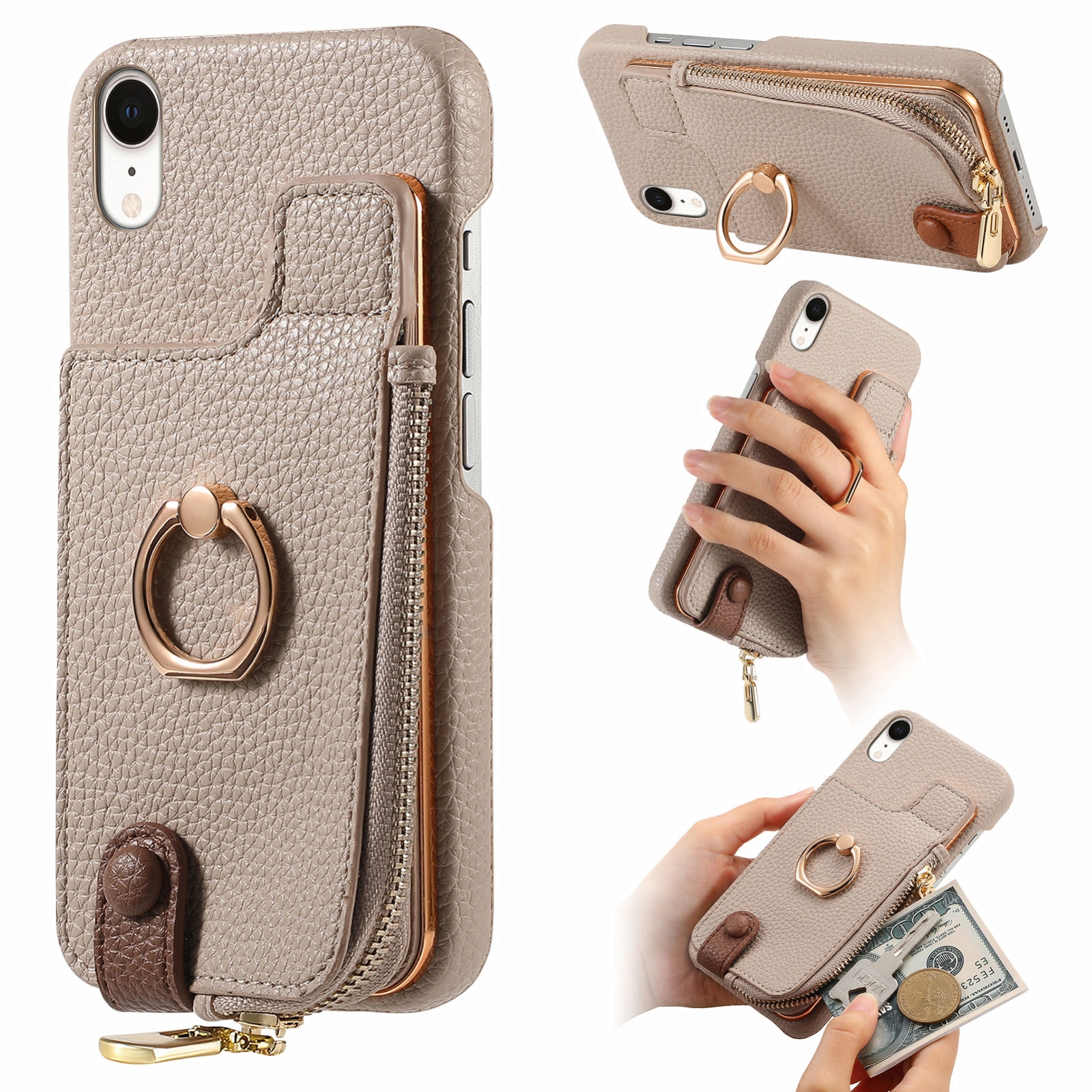 For iPhone XR Litchi Leather Oil Edge Ring Zipper Wallet Back Phone Case(Khaki) - Shopkiz.com