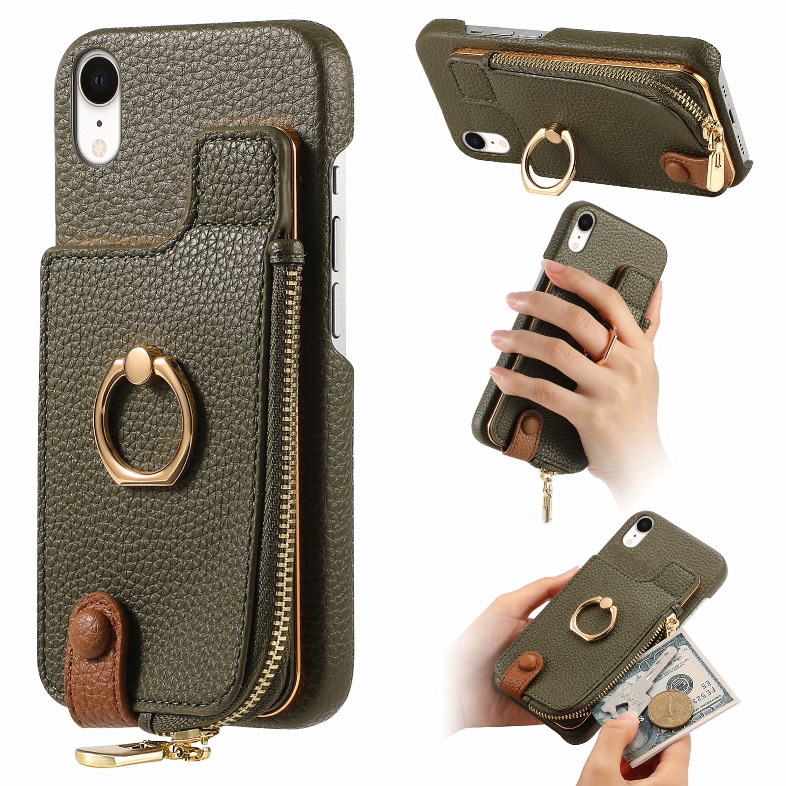 For iPhone XR Litchi Leather Oil Edge Ring Zipper Wallet Back Phone Case(Green) - Shopkiz.com