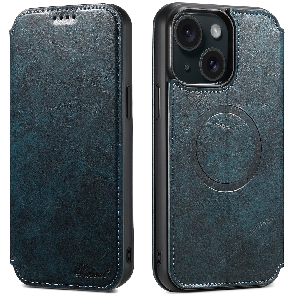 For iPhone 15 Suteni J05 Leather Magnetic MagSafe Phone Case(Blue) - Shopkiz.com