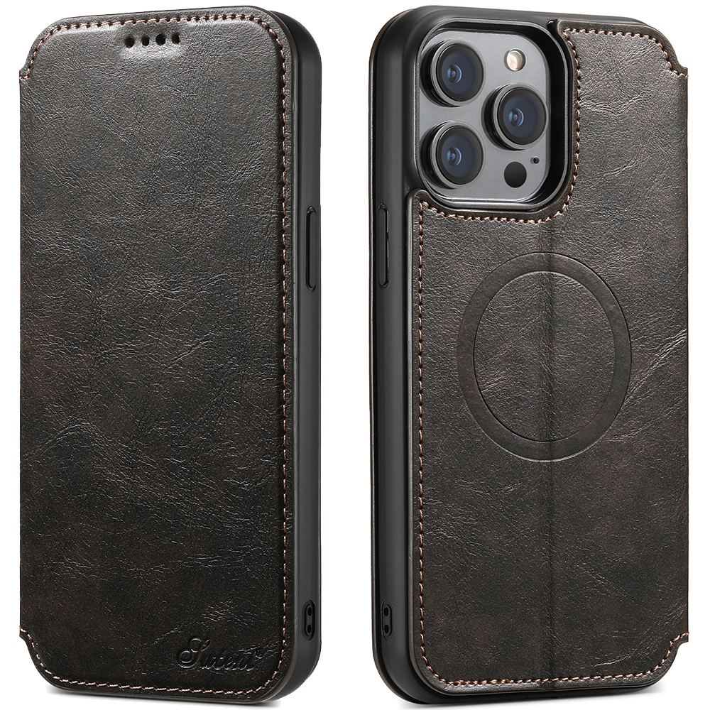 For iPhone 15 Pro Max Suteni J05 Leather Magnetic MagSafe Phone Case(Black) - Shopkiz.com