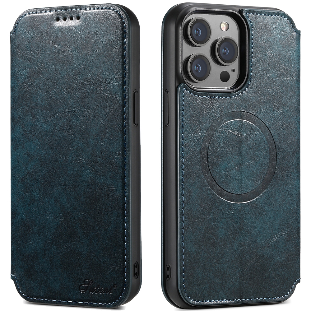 For iPhone 15 Pro Max Suteni J05 Leather Magnetic MagSafe Phone Case(Blue) - Shopkiz.com