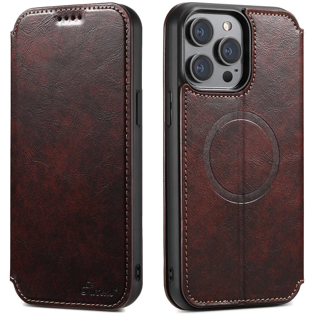 For iPhone 15 Pro Suteni J05 Leather Magnetic MagSafe Phone Case(Brown) - Shopkiz.com
