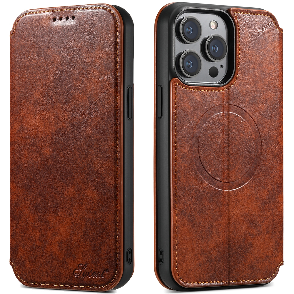 For iPhone 15 Pro Suteni J05 Leather Magnetic MagSafe Phone Case(Khaki) - Shopkiz.com