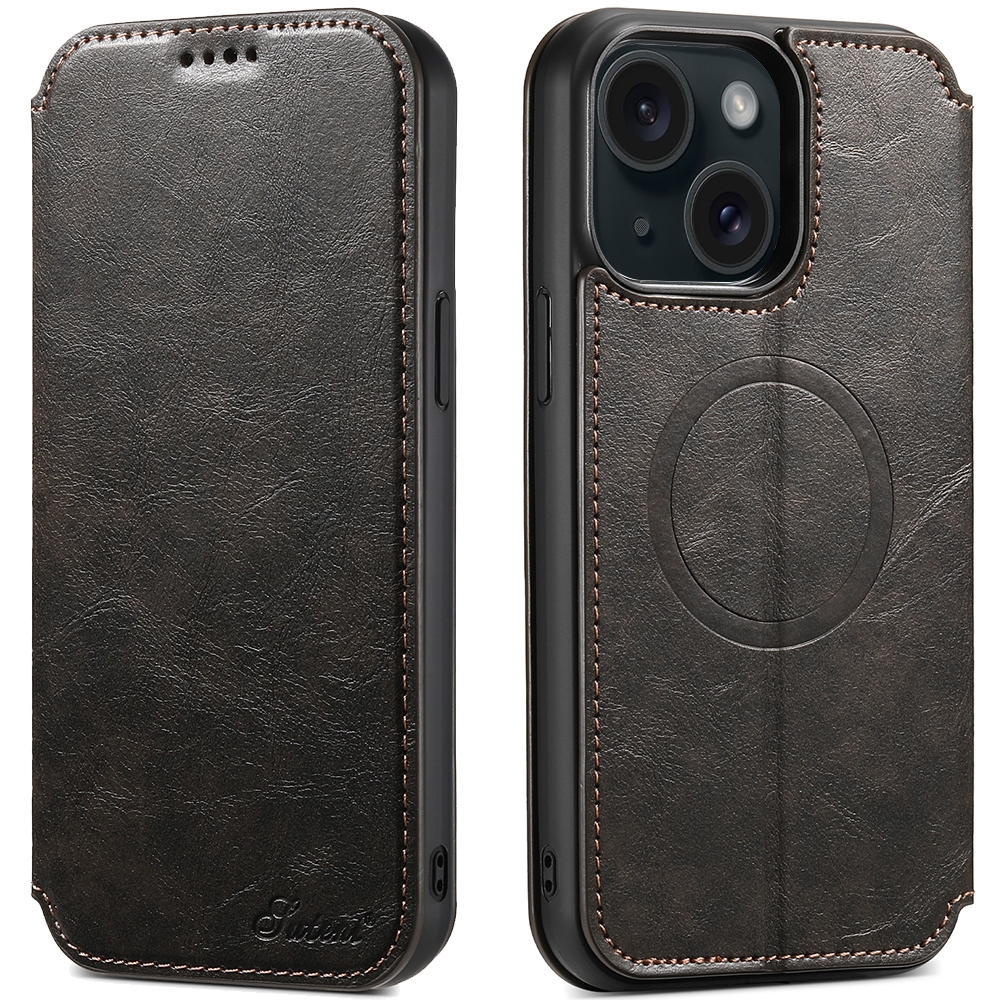 For iPhone 15 Plus Suteni J05 Leather Magnetic MagSafe Phone Case(Black) - Shopkiz.com