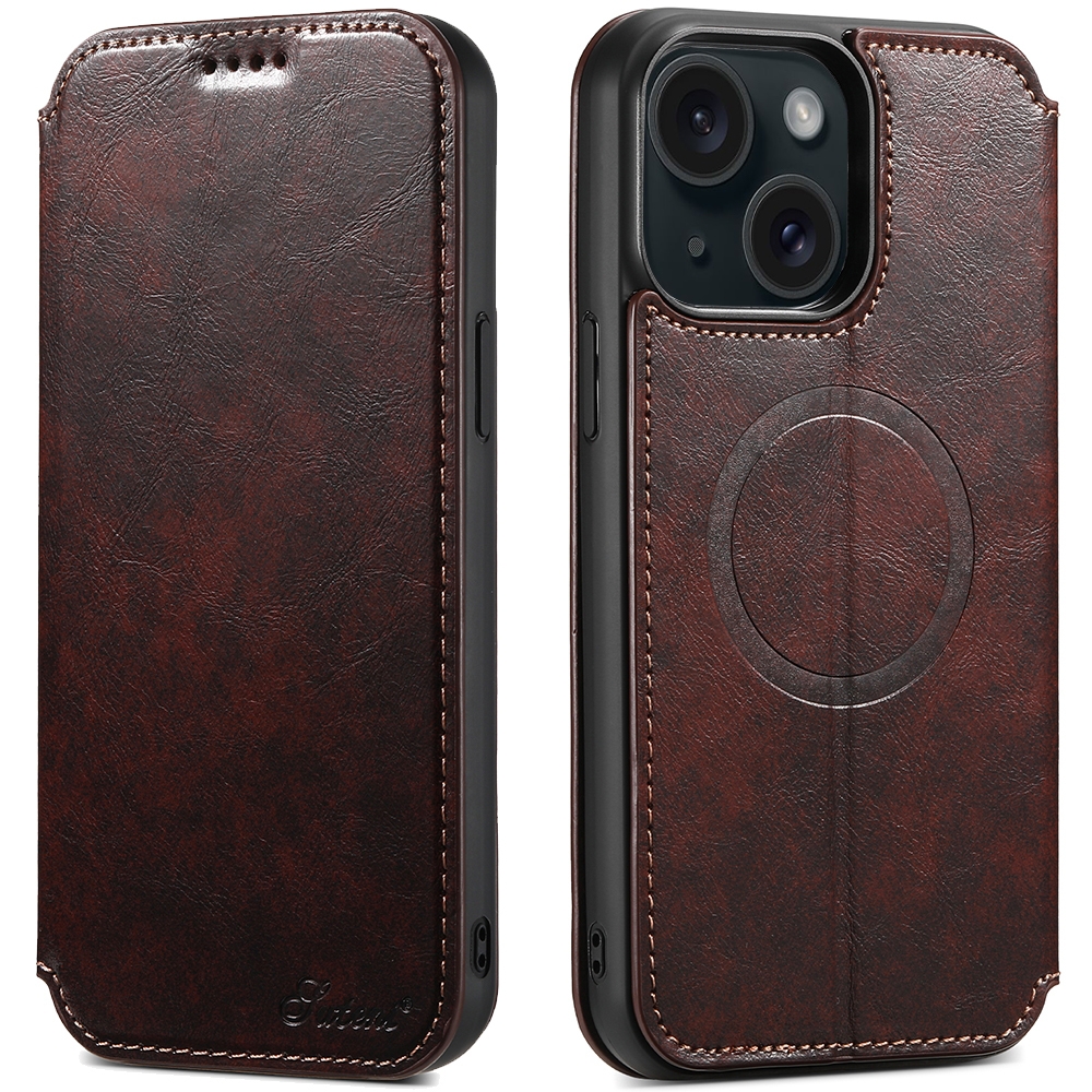 For iPhone 15 Plus Suteni J05 Leather Magnetic MagSafe Phone Case(Brown) - Shopkiz.com
