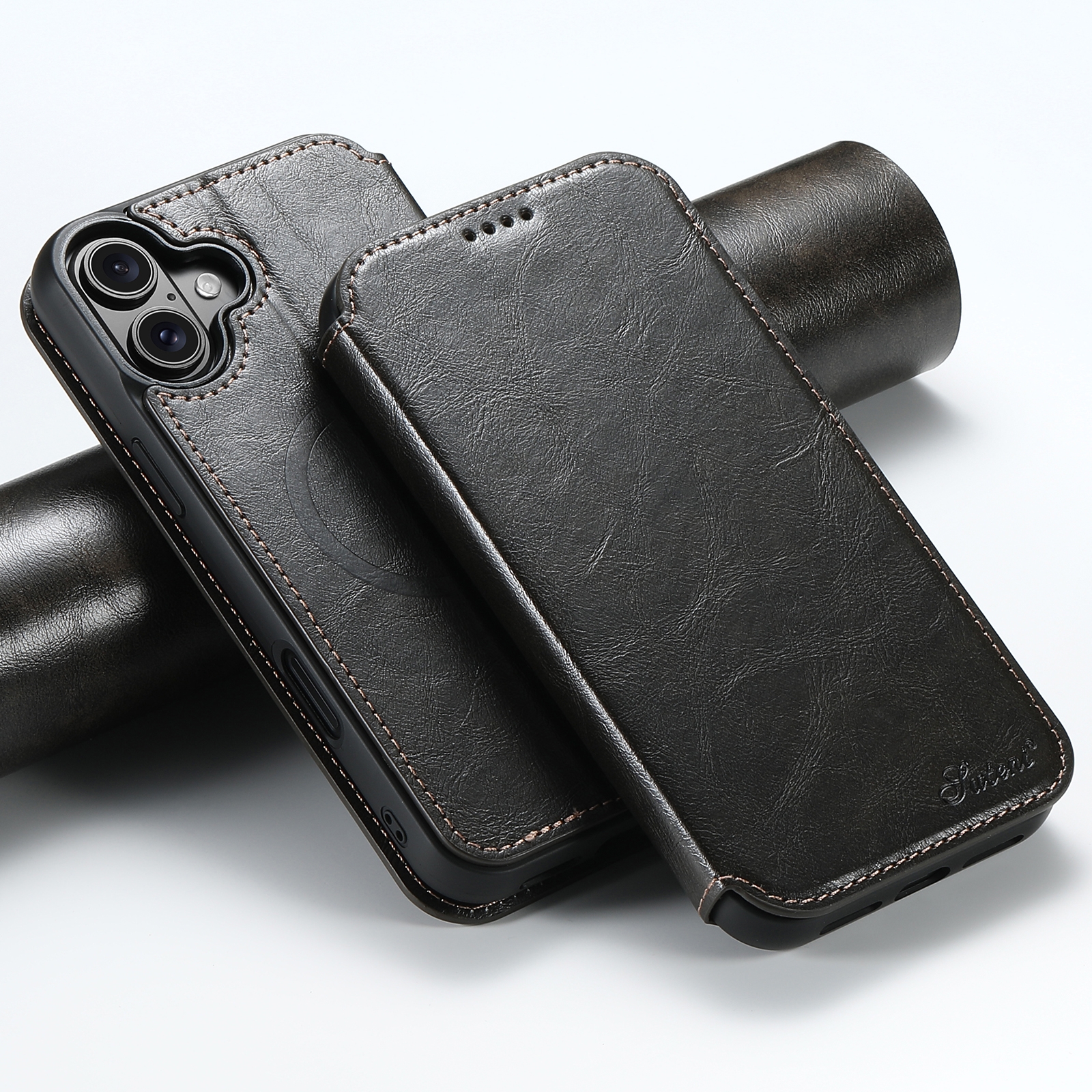For iPhone 16 Suteni J05 Leather Magnetic MagSafe Phone Case(Black) - Shopkiz.com