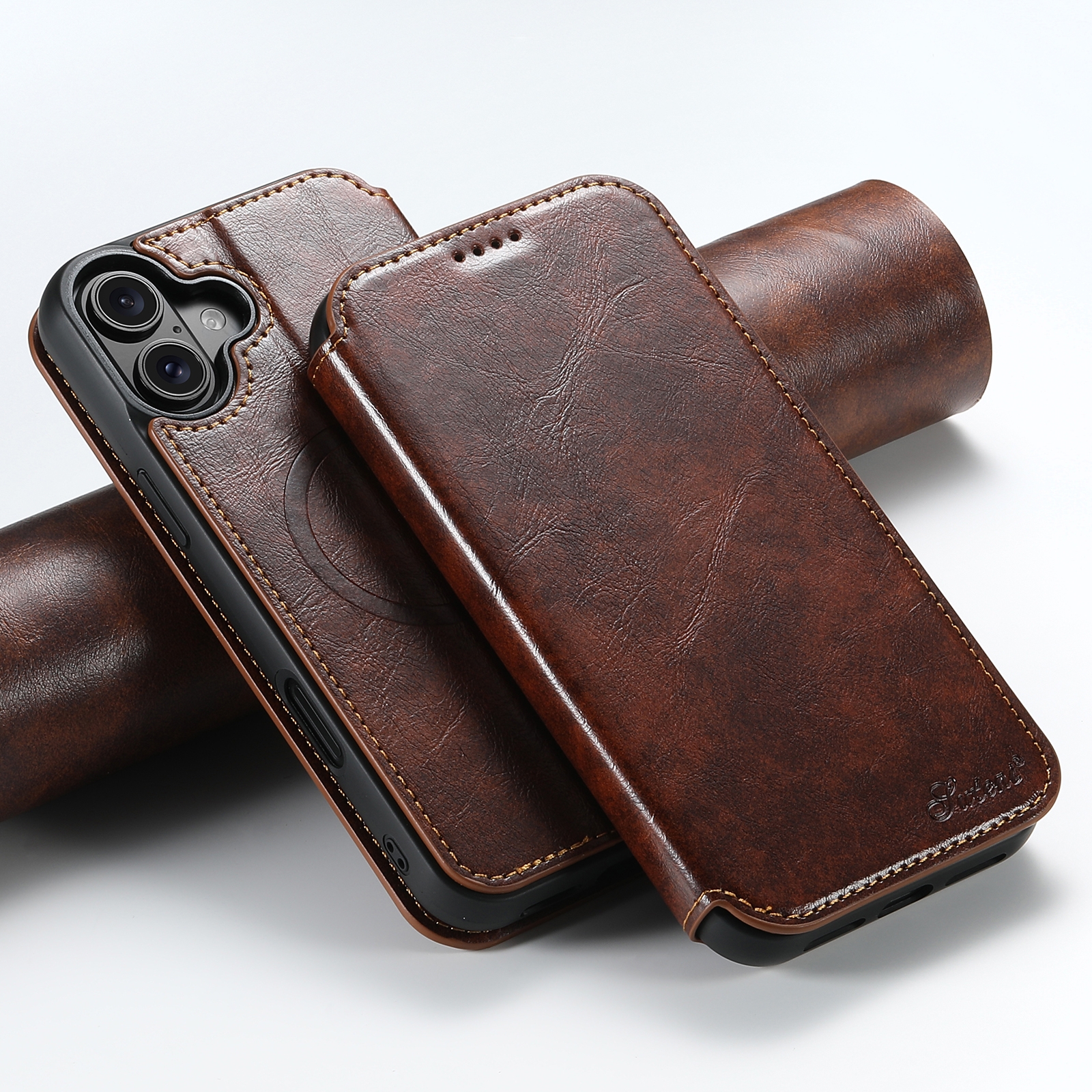 For iPhone 16 Plus Suteni J05 Leather Magnetic MagSafe Phone Case(Khaki) - Shopkiz.com