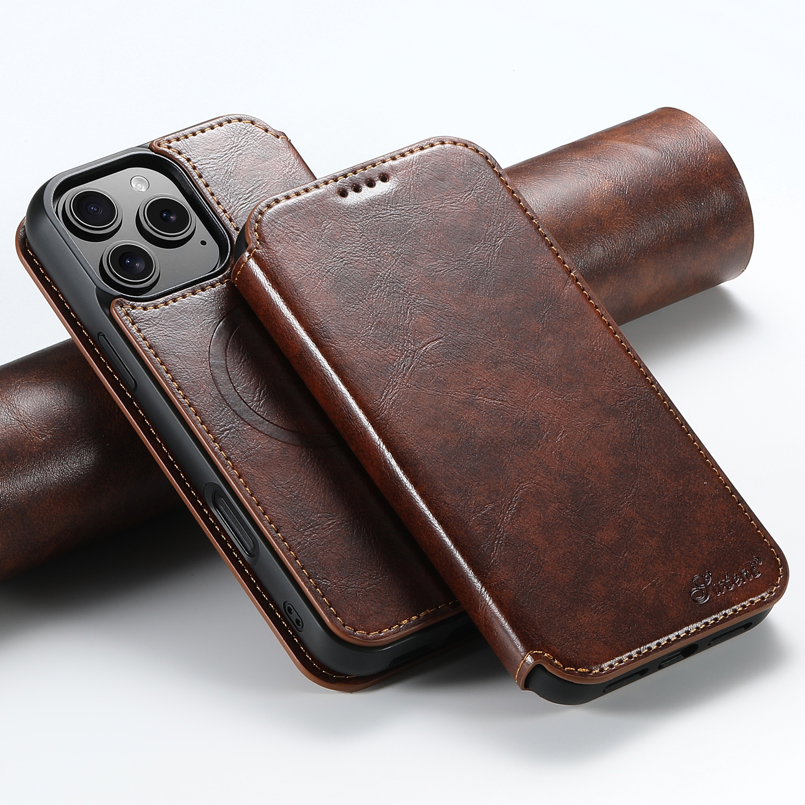 For iPhone 16 Pro Max Suteni J05 Leather Magnetic MagSafe Phone Case(Khaki) - Shopkiz.com