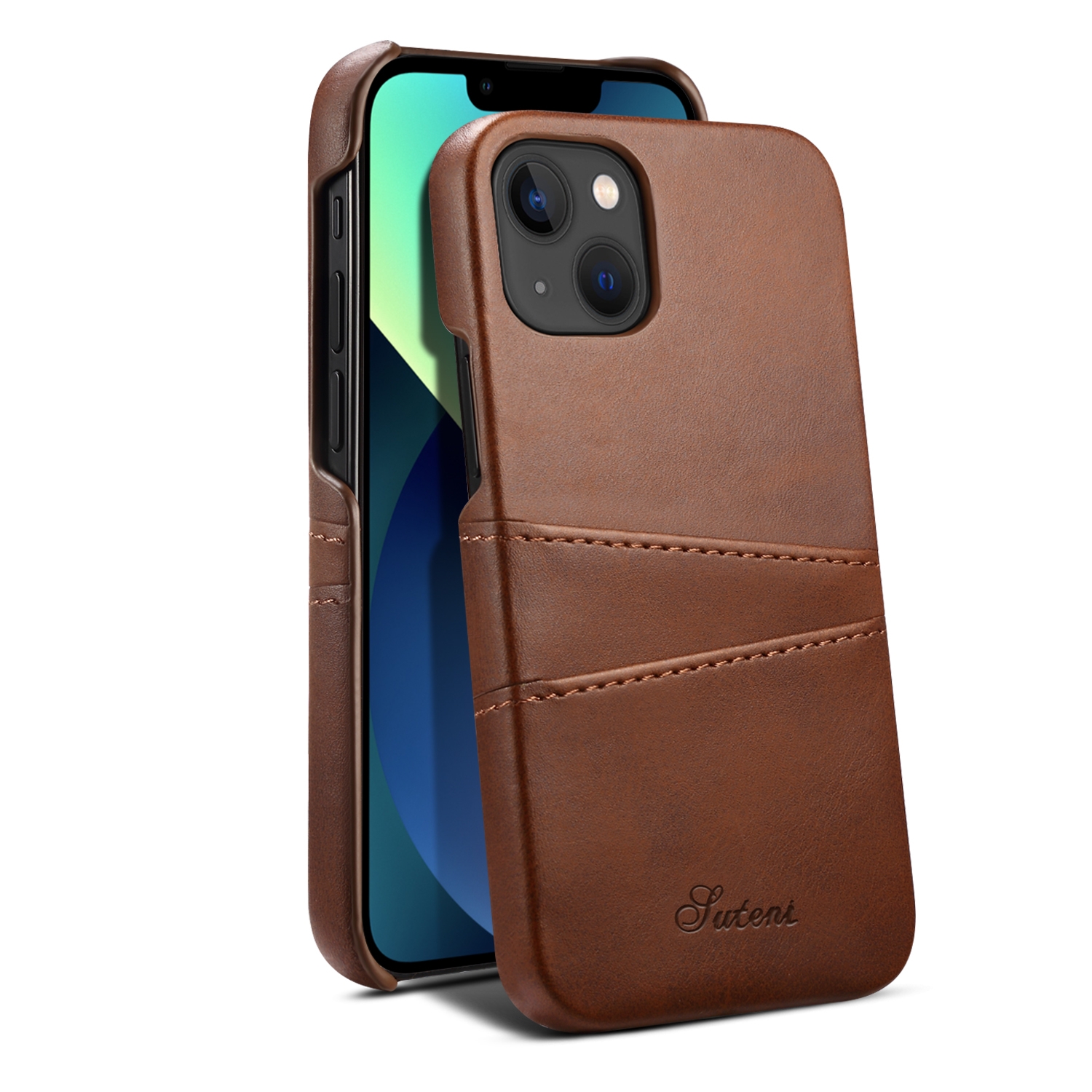 For iPhone 15 Suteni Calf Texture Back Cover Phone Case with Card Slots(Brown) - Shopkiz.com